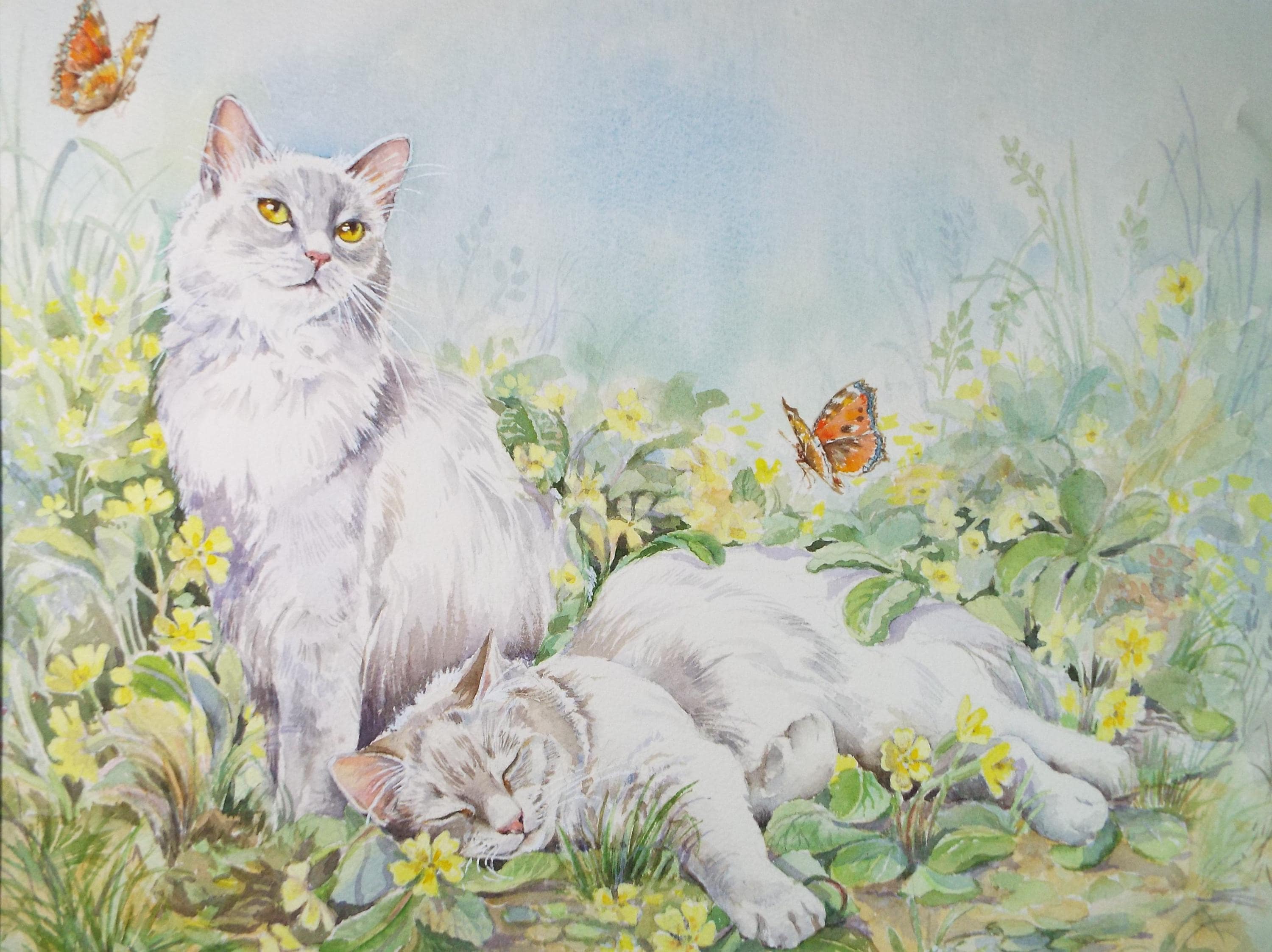 Original Watercolour, 'Prim & Rosie with Butterflies',P Martins s.o.f.a, Circa 1990's