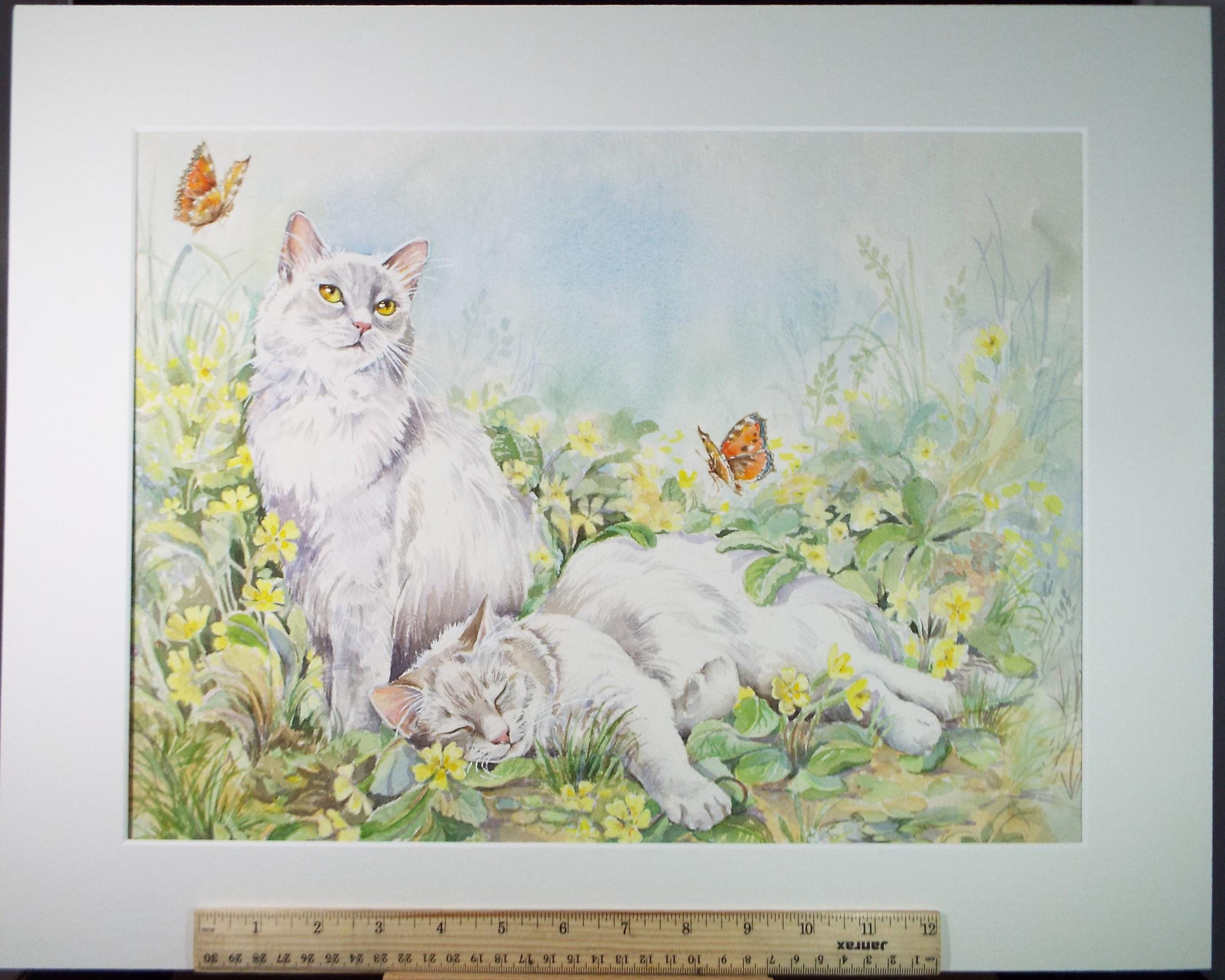 Original Watercolour, 'Prim & Rosie with Butterflies',P Martins s.o.f.a, Circa 1990's