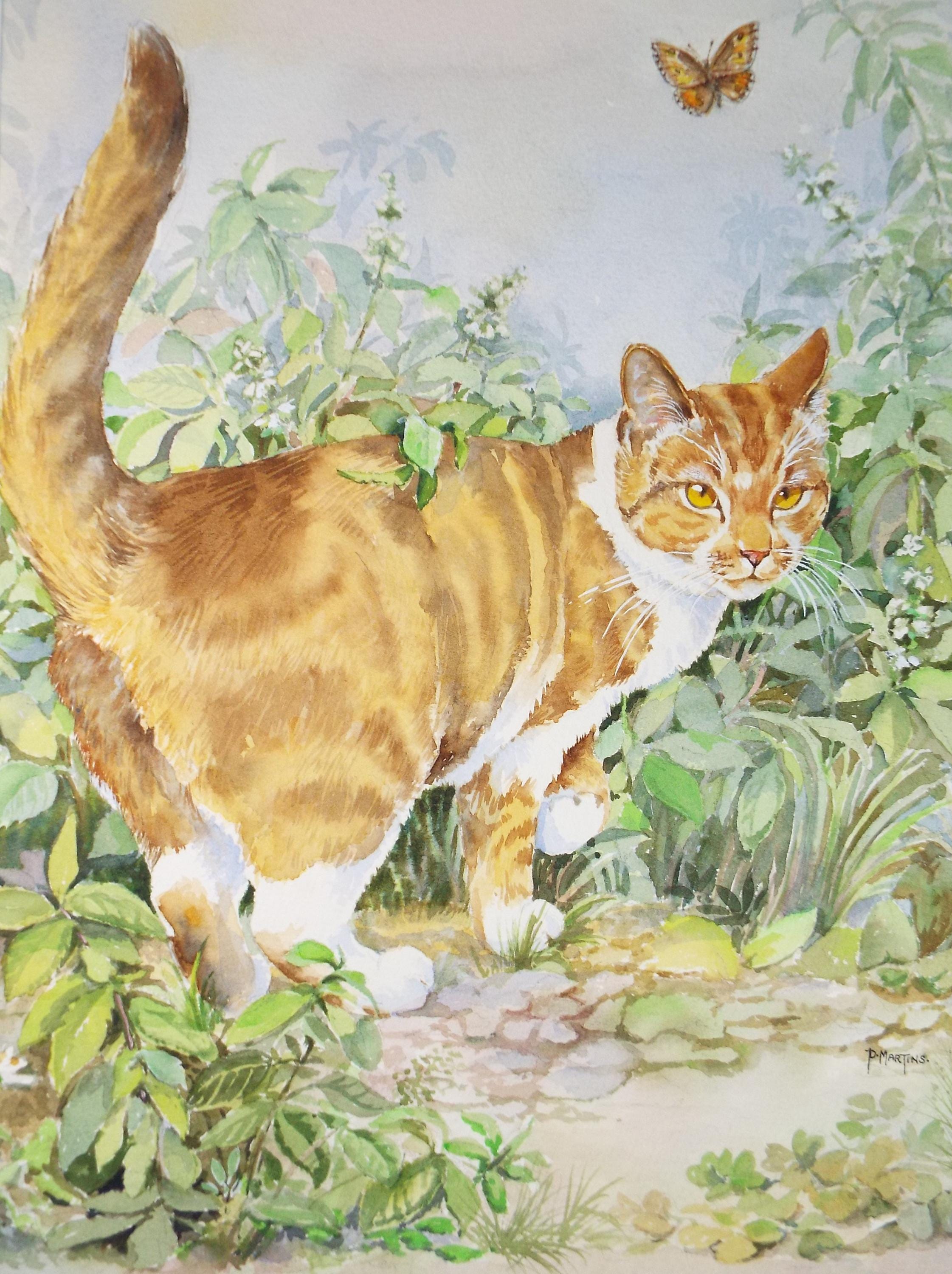 Original Watercolour, 'Basil with Butterflies',P Martins s.o.f.a, Circa 1990's