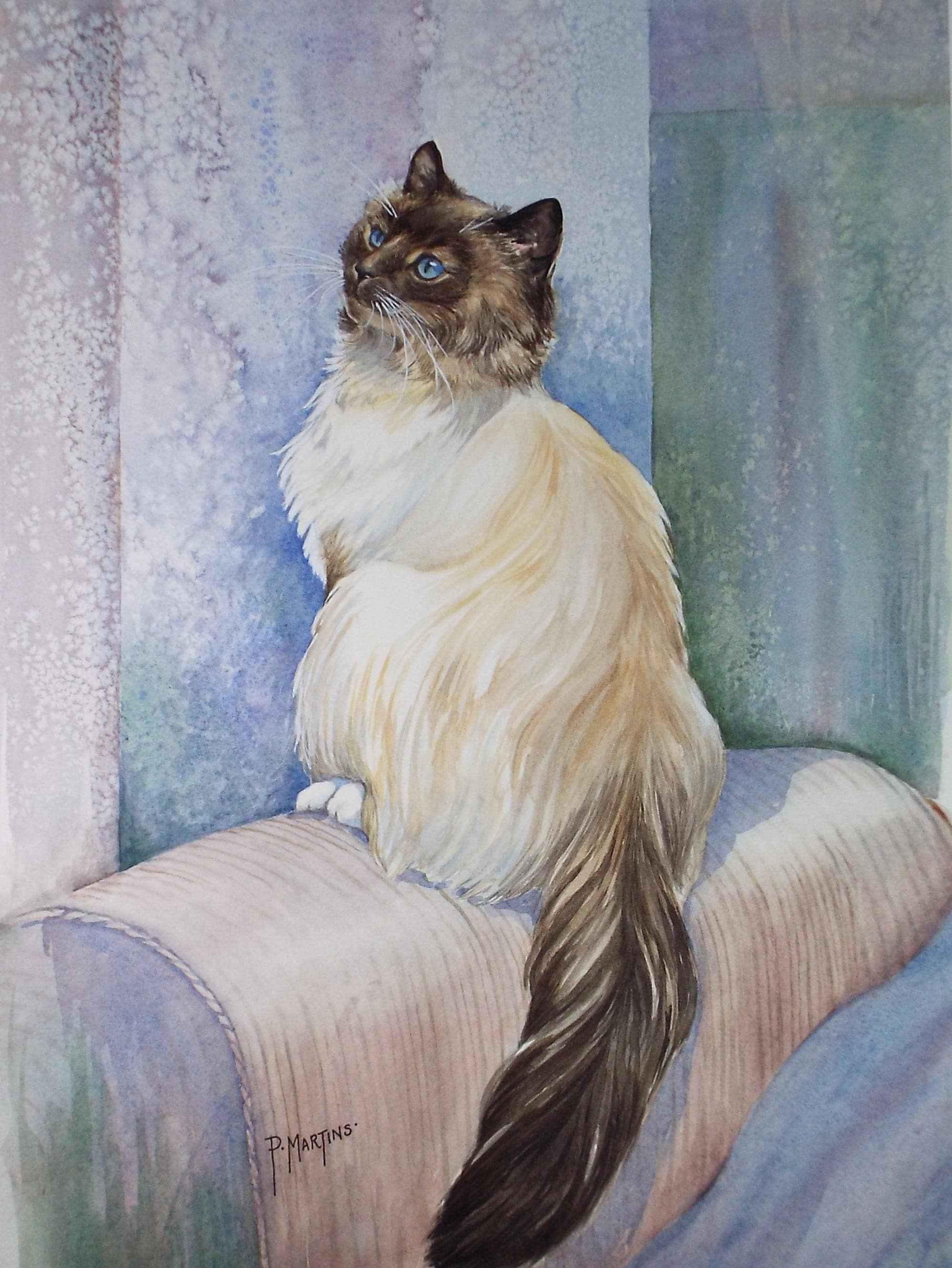 Original Watercolour, 'Cat on the armchair',P Martins s.o.f.a, Circa 1990's