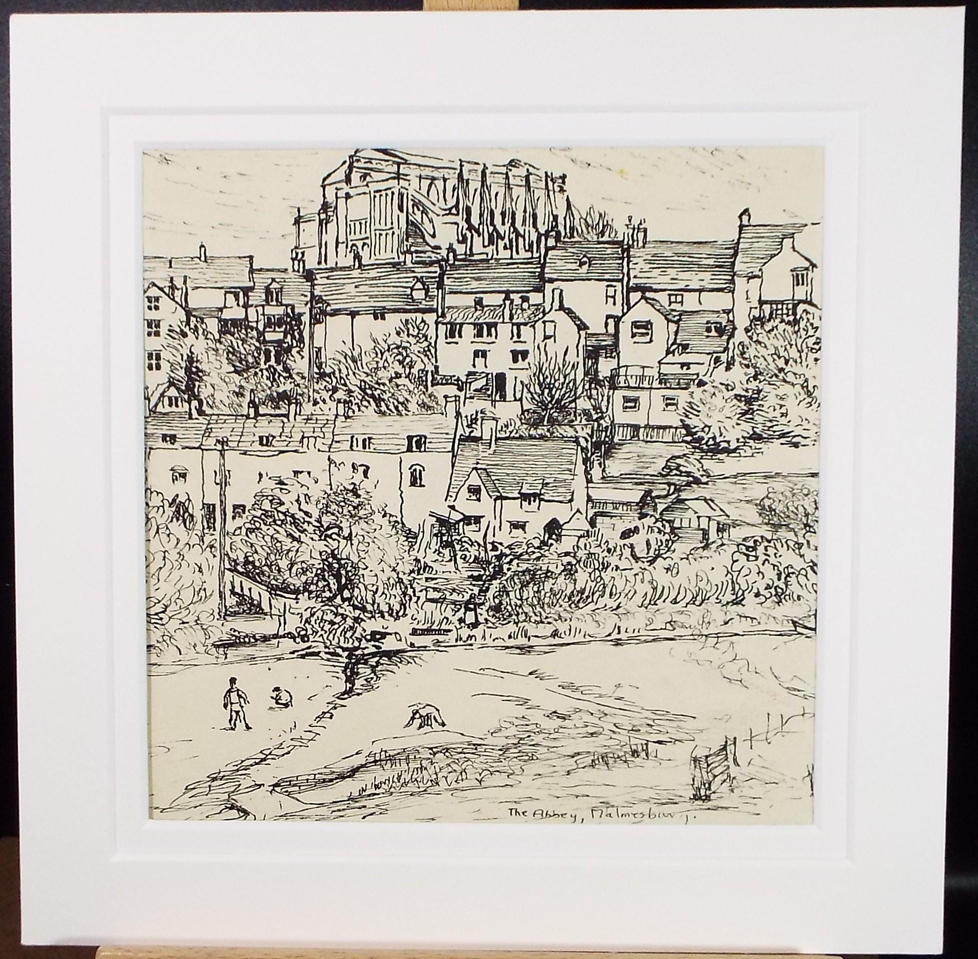 Original Pen & ink Sketch, 'The Abbey, Malmesbury', Unknown Artist, circa 1950's