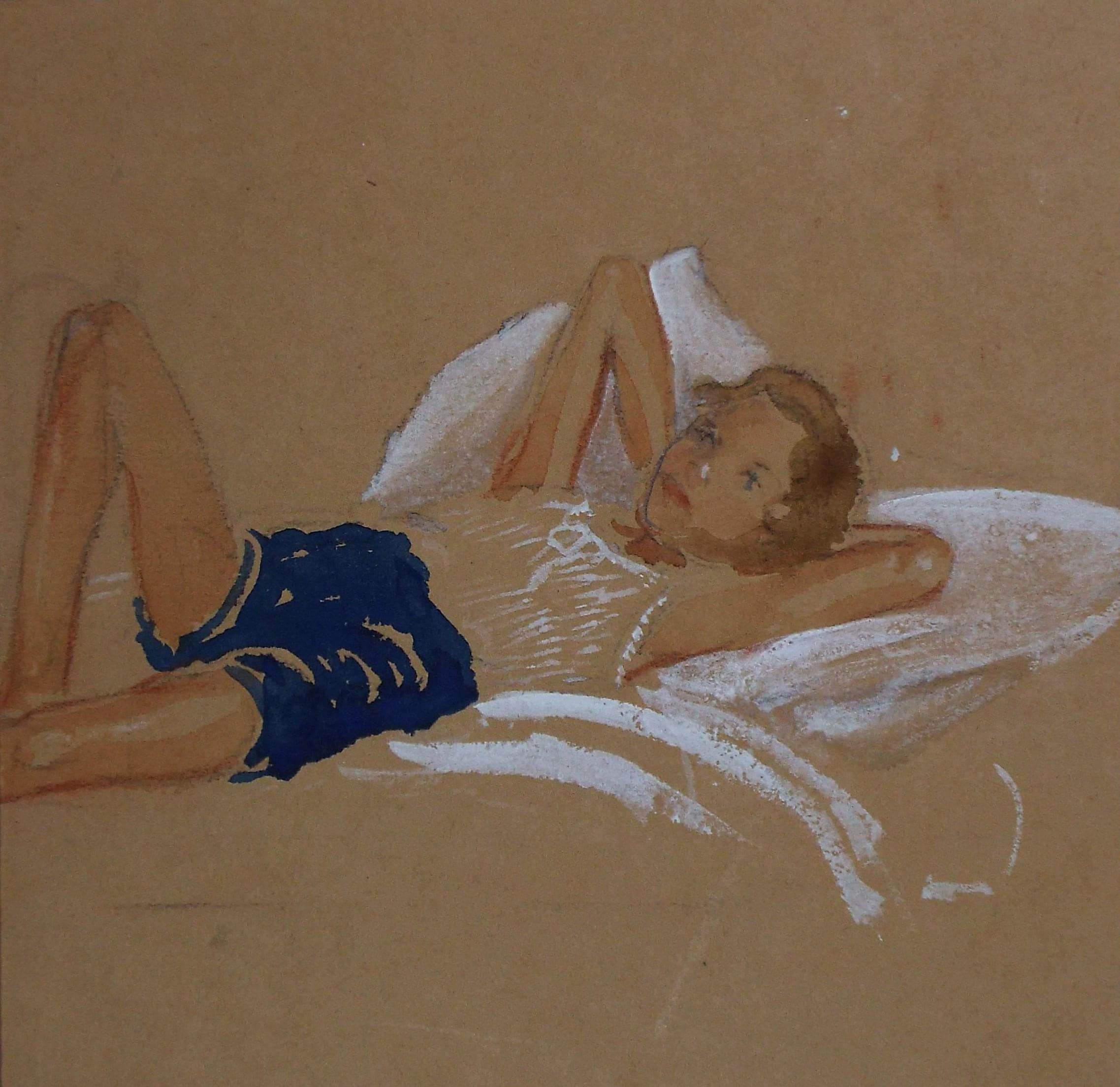 Original Watercolour, 'Boy on a bed', c1930s, Unknown Artist