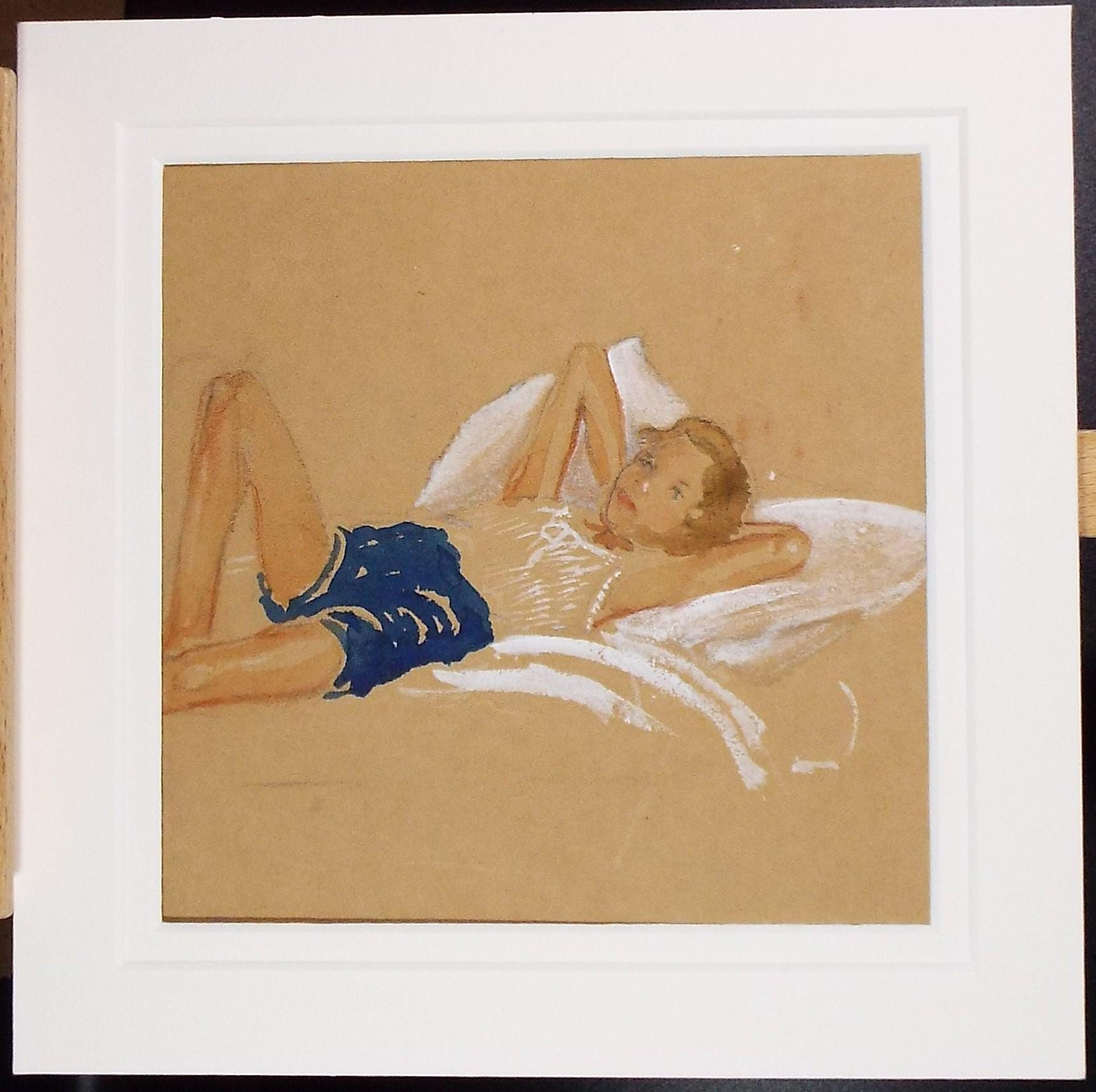 Original Watercolour, 'Boy on a bed', c1930s, Unknown Artist
