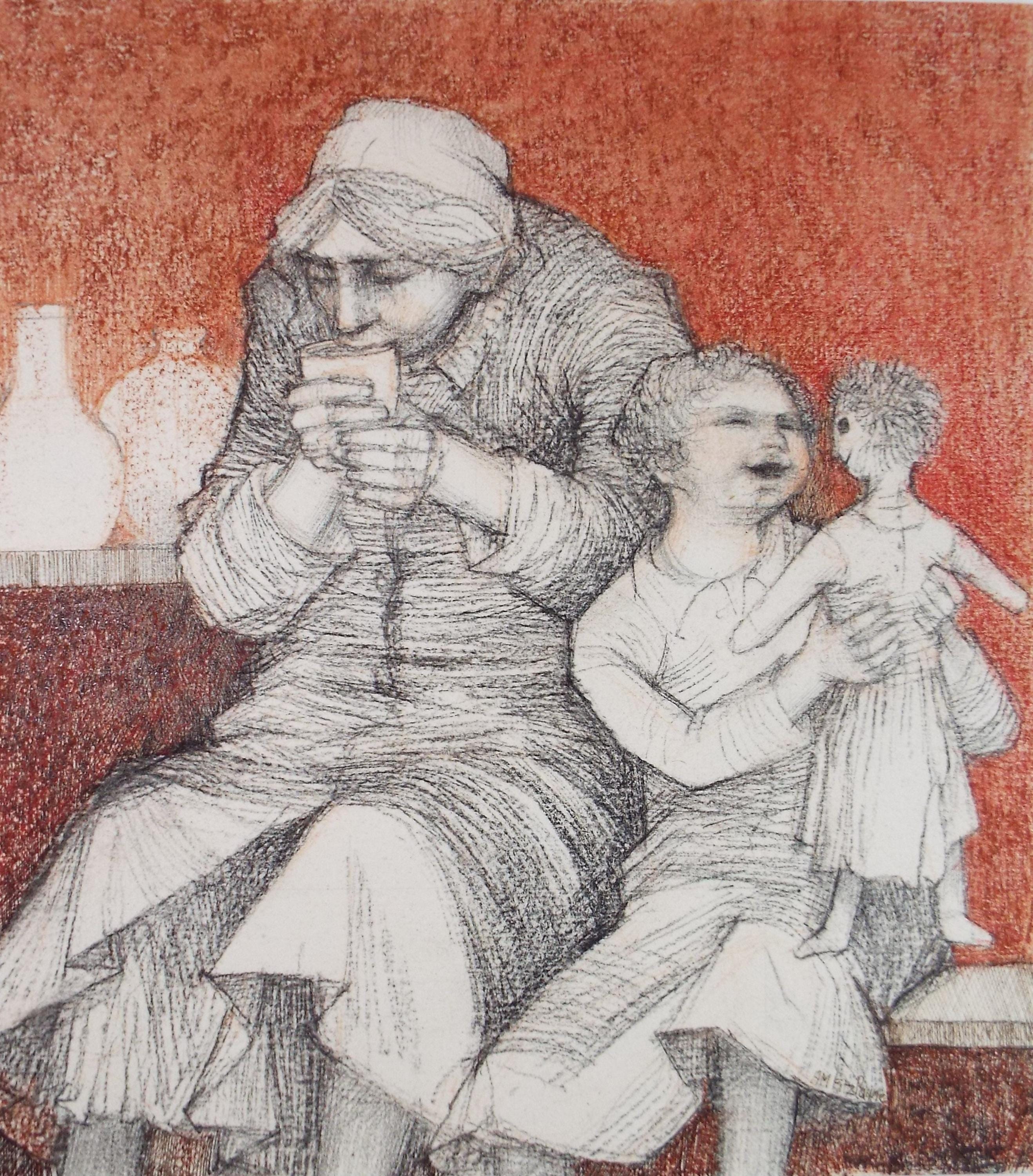 Original Coloured pencil drawing, 'Granny & Granddaughter', c1990s,Alice Mary Fitzpayne (b.1928)