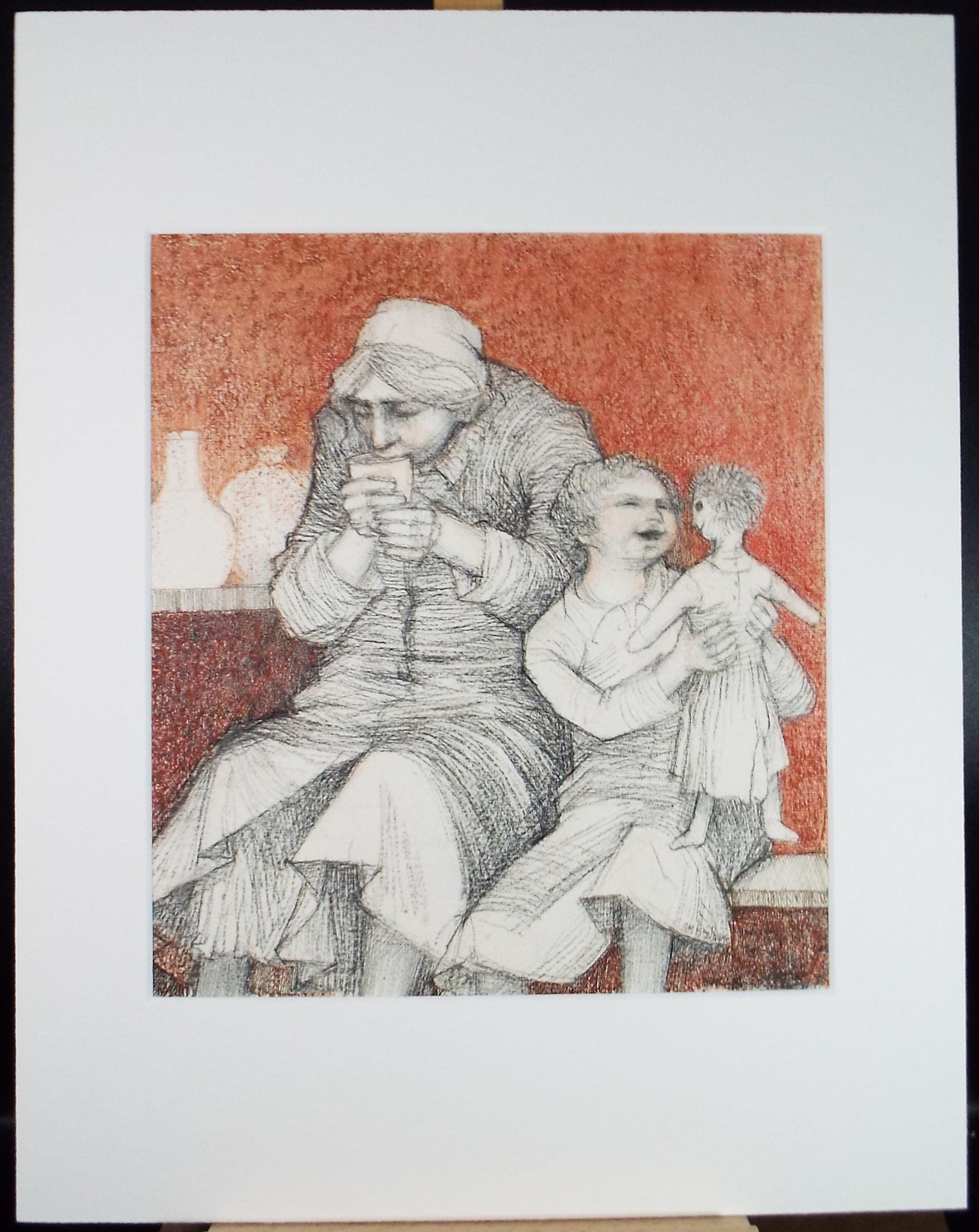 Original Coloured pencil drawing, 'Granny & Granddaughter', c1990s,Alice Mary Fitzpayne (b.1928)
