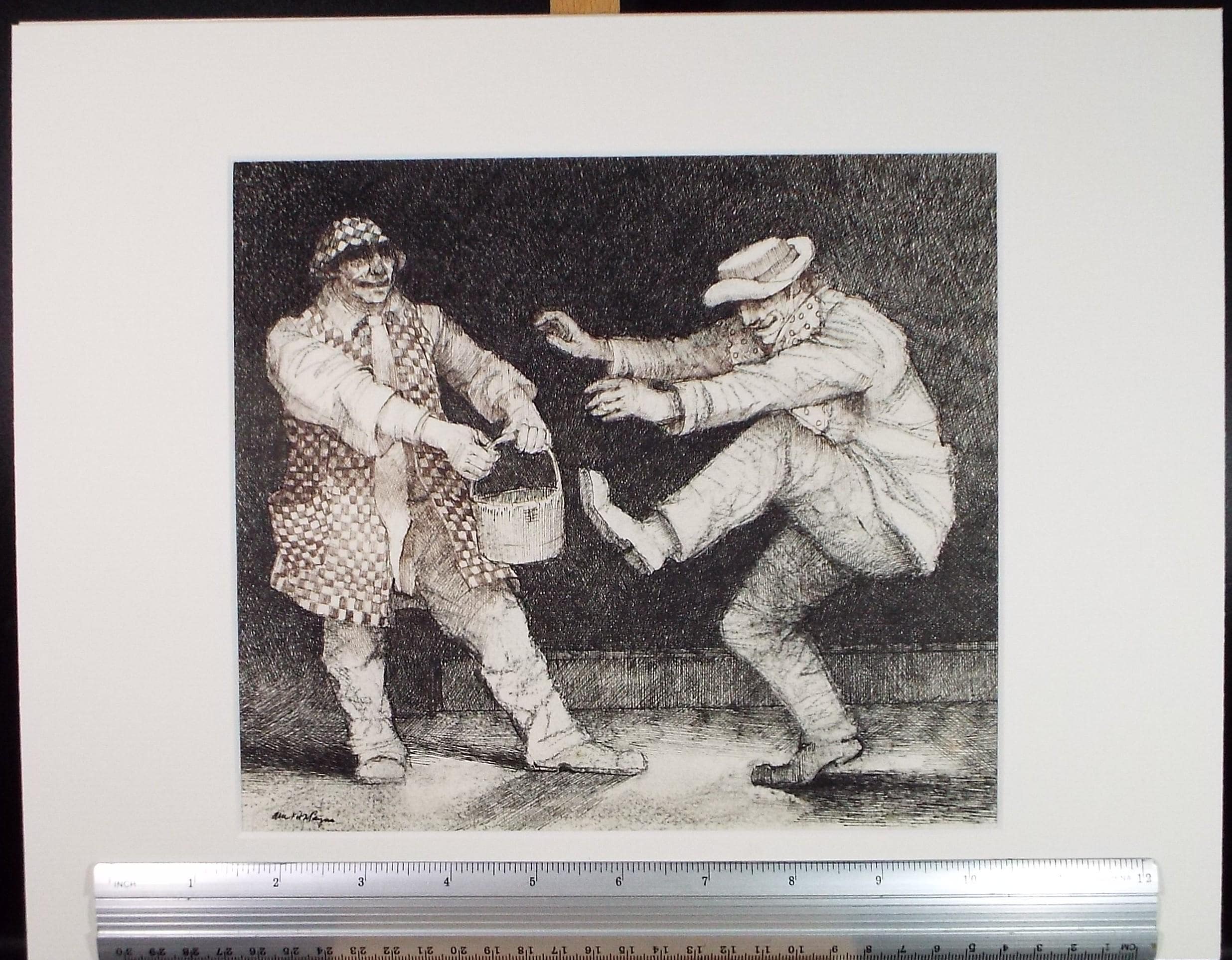 Original Coloured pencil and ink drawing, 'Two Clowns'', c1990s,Alice Mary Fitzpayne (b.1928)