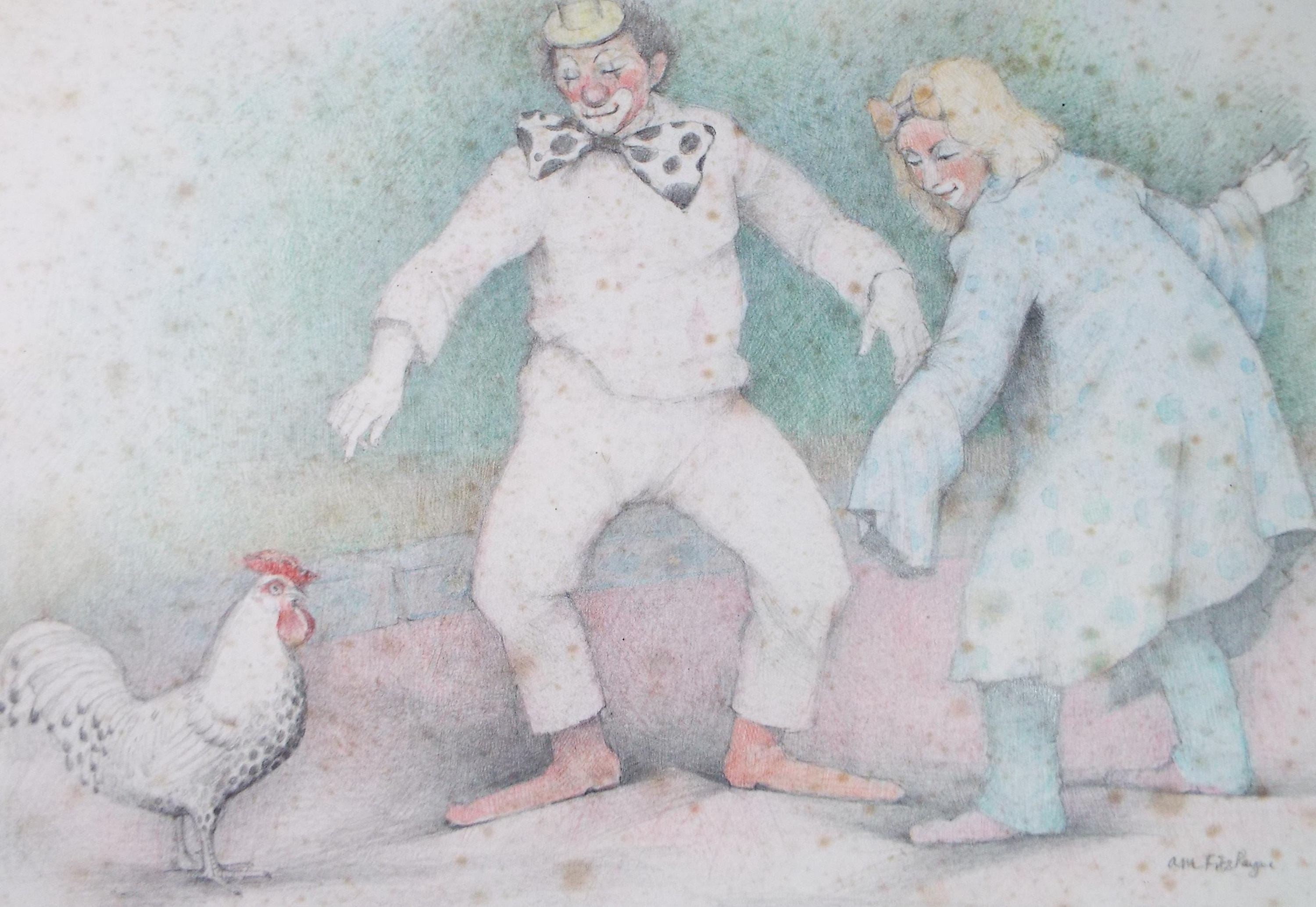 Original coloured pencil Drawing, 'Clowns and A Rooster', c1990s,Alice Mary Fitzpayne (b.1928)