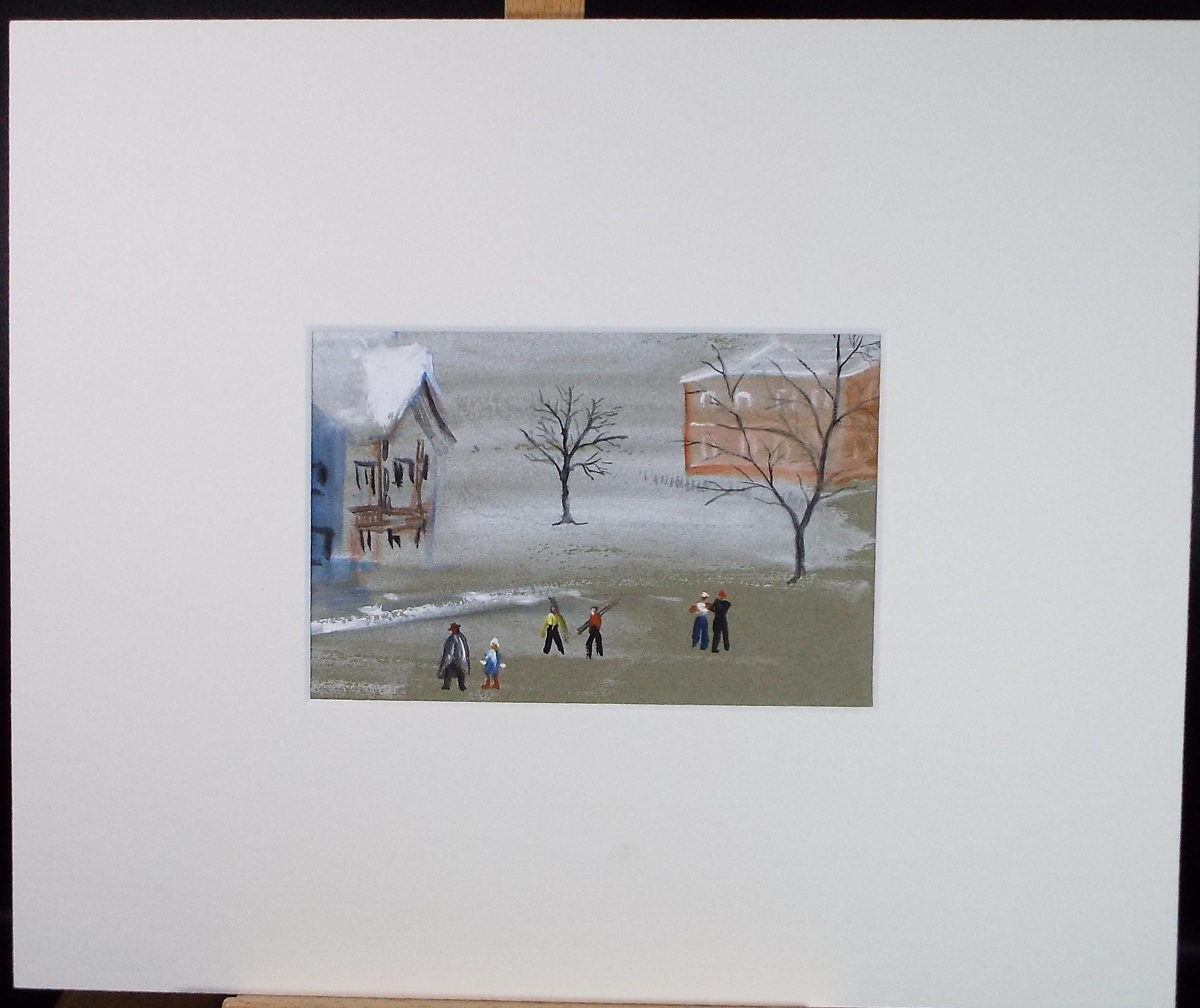 Original Watercolour, 'Alpine Village with Skiers;' c1930's, Unknown Artist