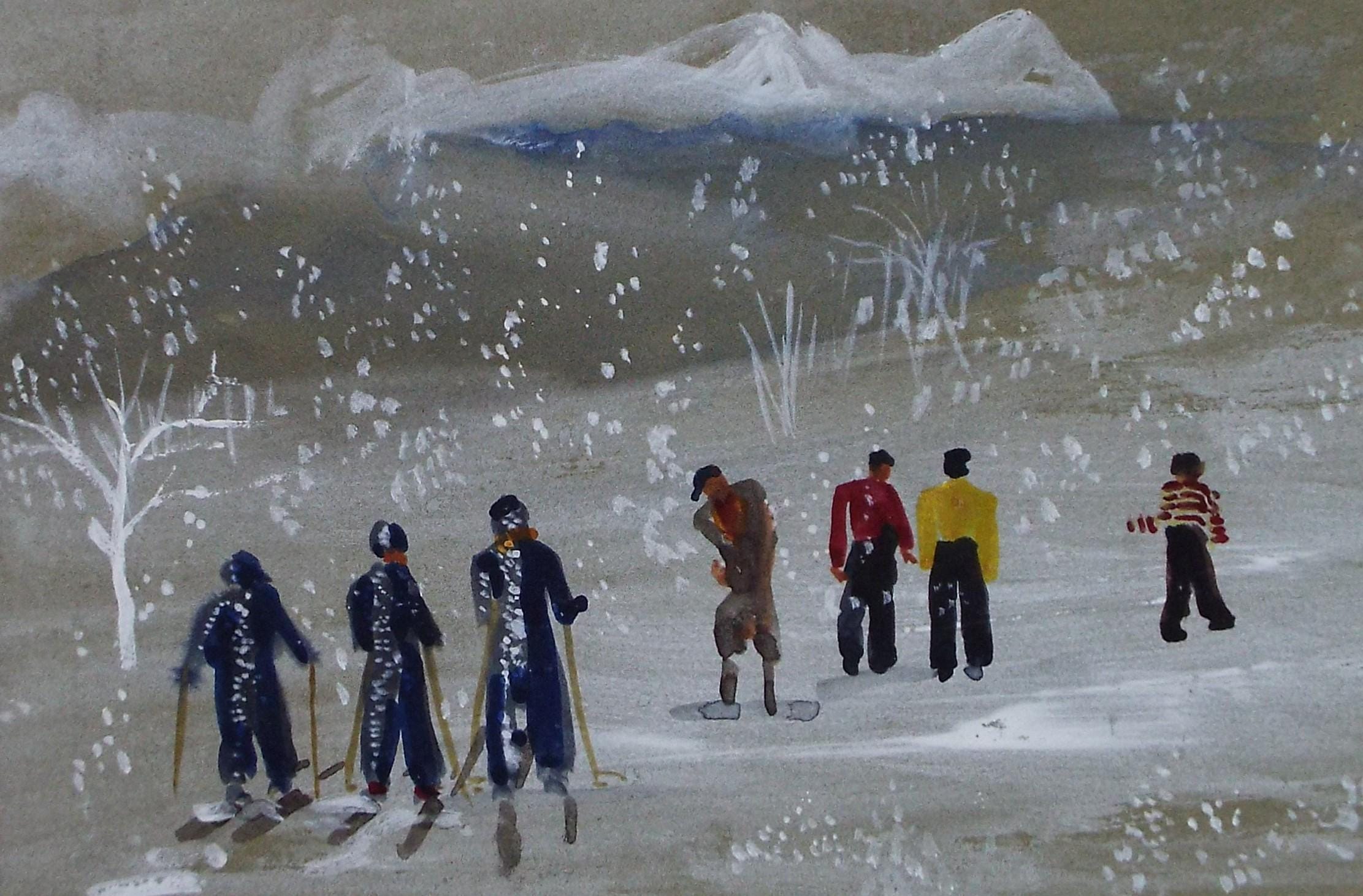 Original Watercolour, 'Alpine Village with Skiers;' c1930's, Unknown Artist