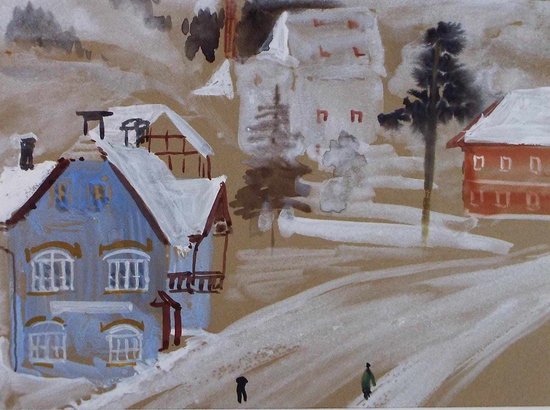 Original Watercolour, 'Alpine Village', c1930's, Unknown Artist