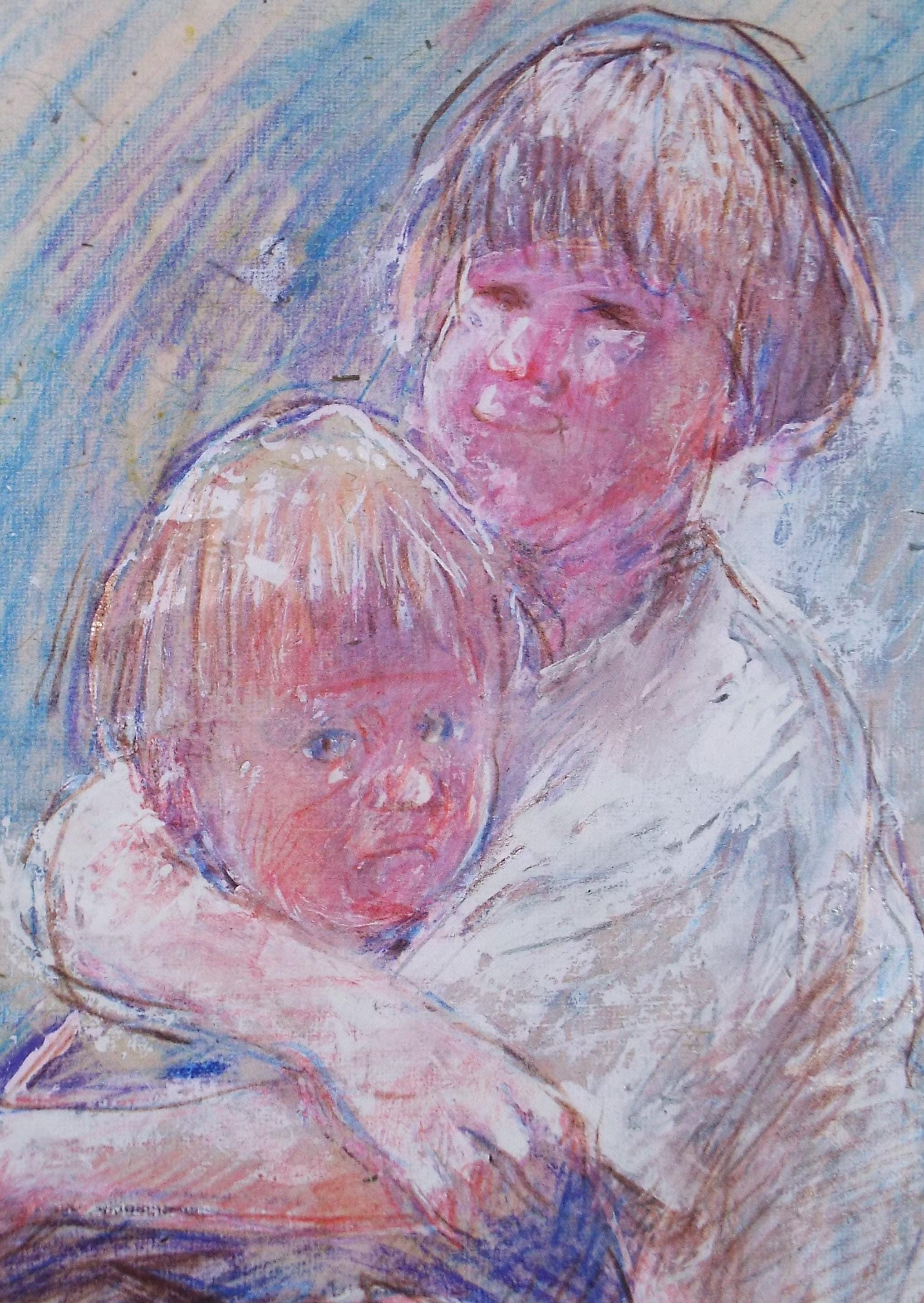 Original mixed media,'Two Children', circa 1990's, John Gilbey Bowles (1929-2011)