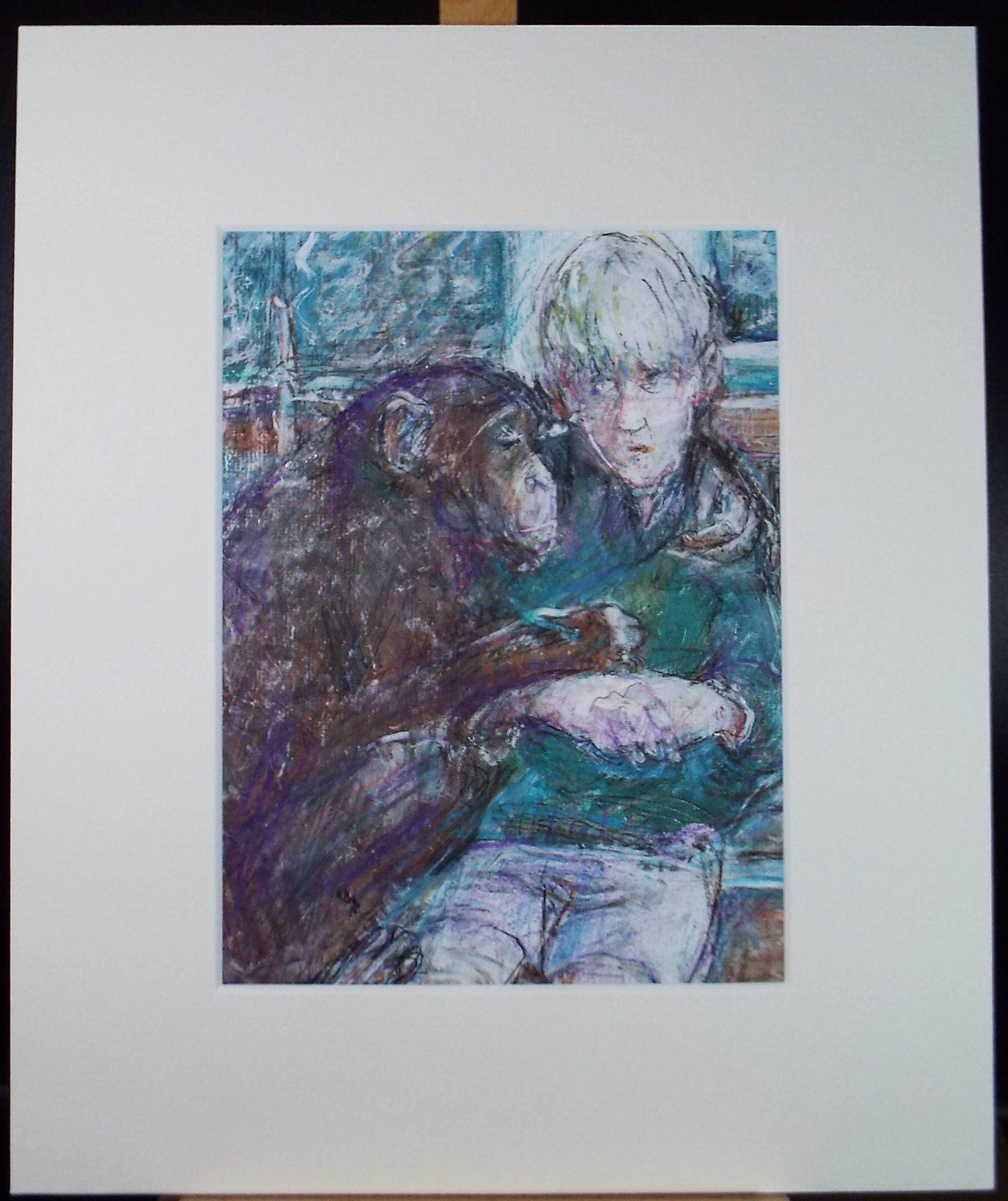 Original mixed media,'Boy with Chimpanzee', circa 1990's, John Gilbey Bowles (1929-2011)