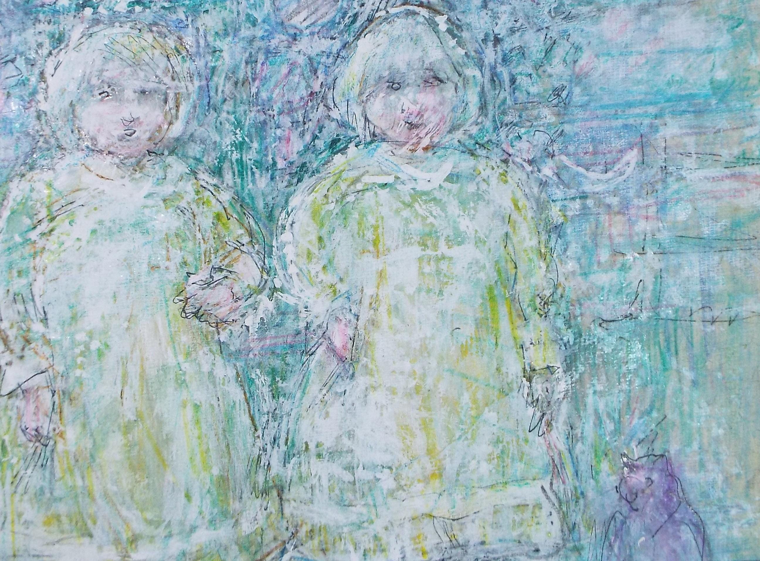 Original mixed media,'Two children & a cat', circa 1990's, John Gilbey Bowles (1929-2011)