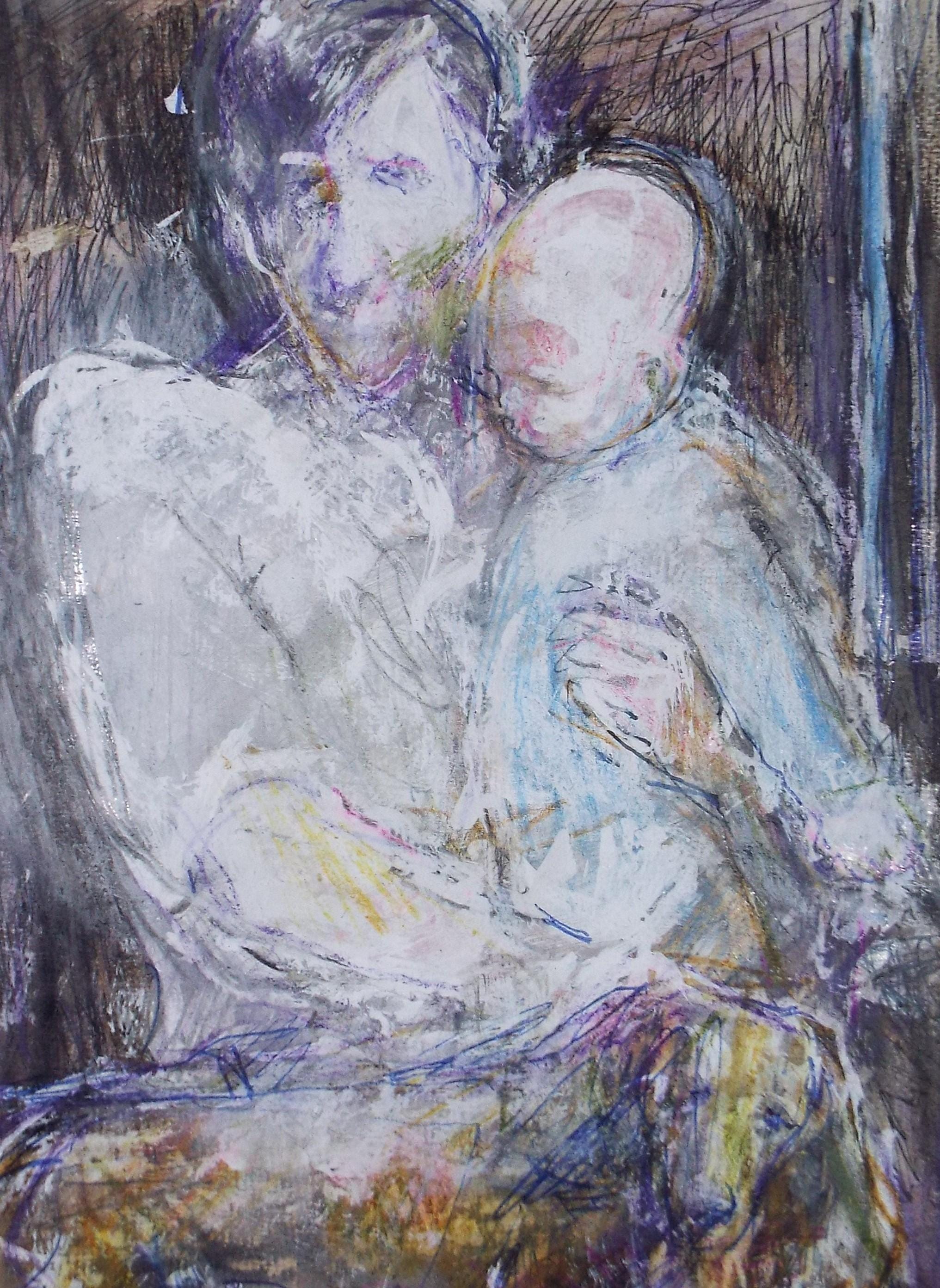 Original mixed media,'Father & Child', circa 1990's, John Gilbey Bowles (1929-2011)