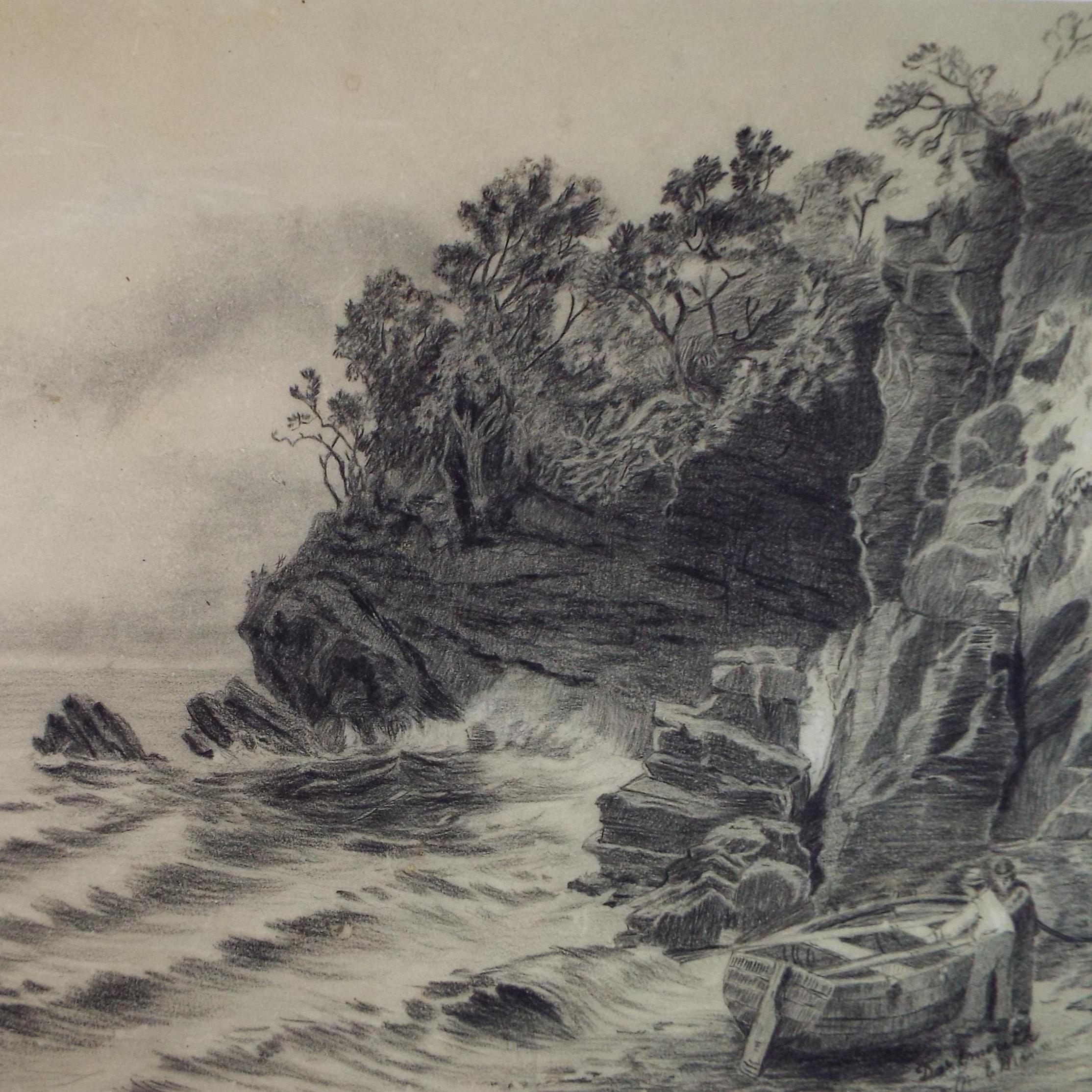 Original Pencil drawing, 'Rocky Coast with Figures', Late 19th Century, M.E Mann