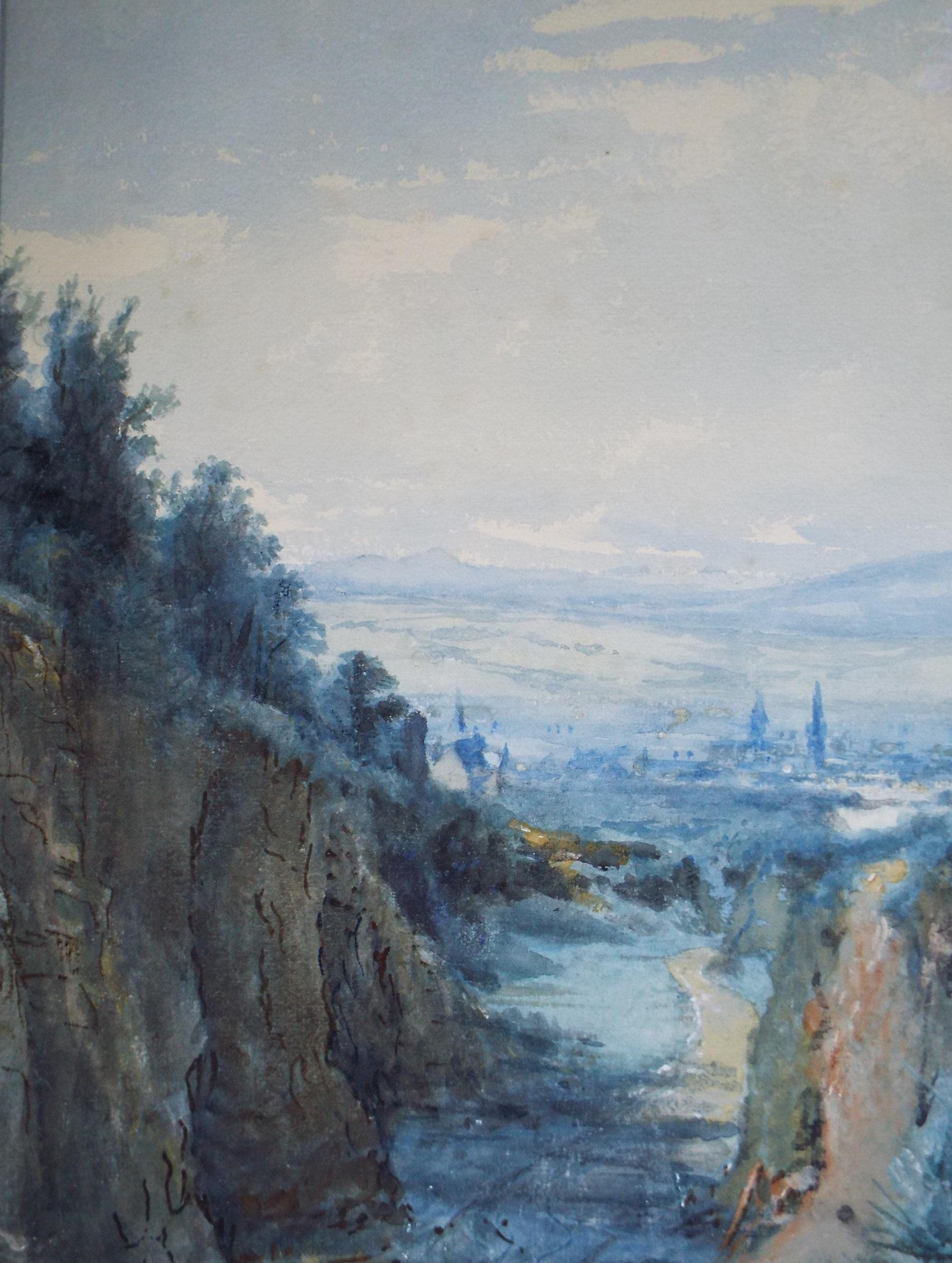 Original Watercolour, 'Town in a Valley, 'Early 20th Century', Artist Unknown