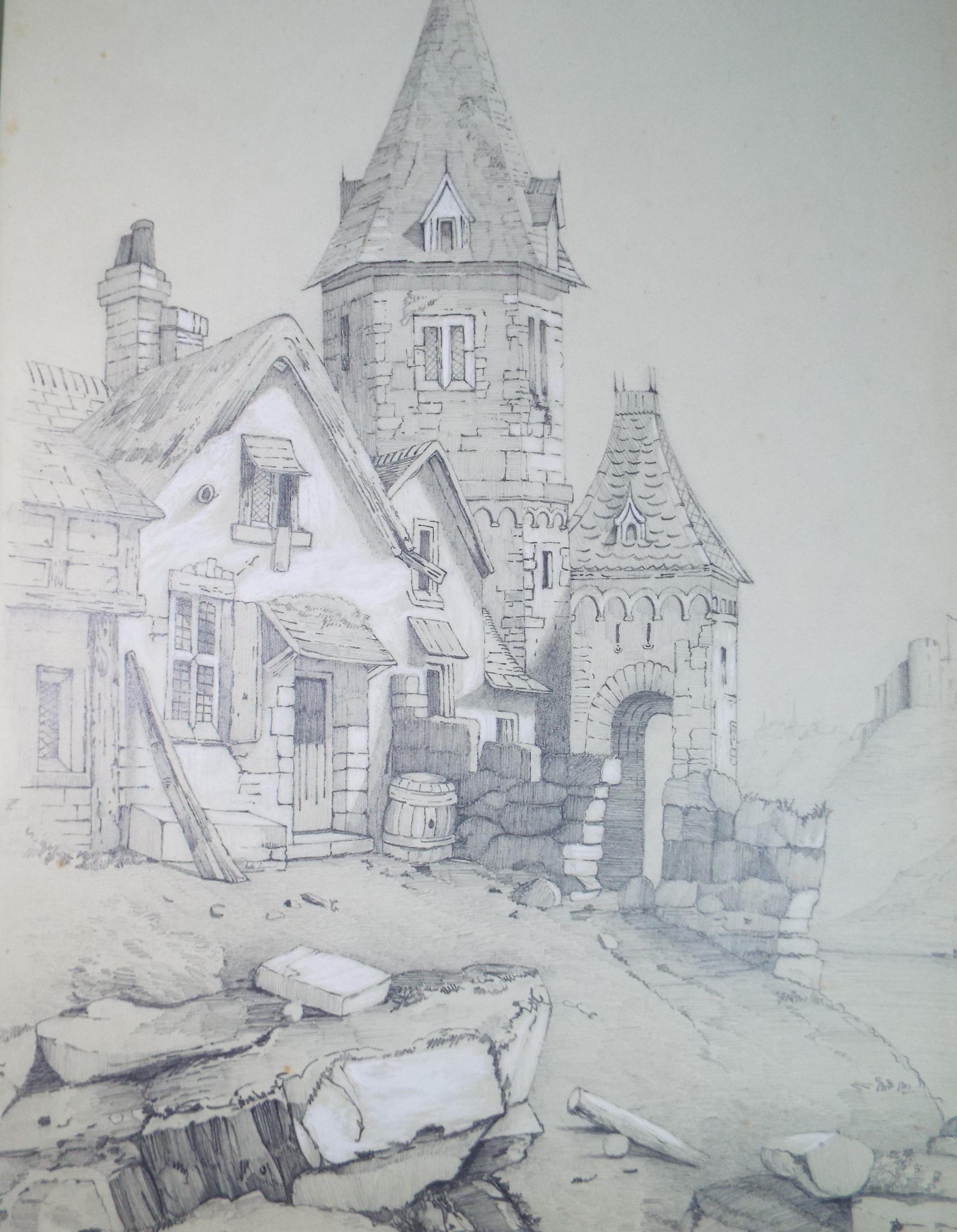 Original Pencil Drawing with white, 'Gatehouse and Cottage', Dated 1878, G E Banks