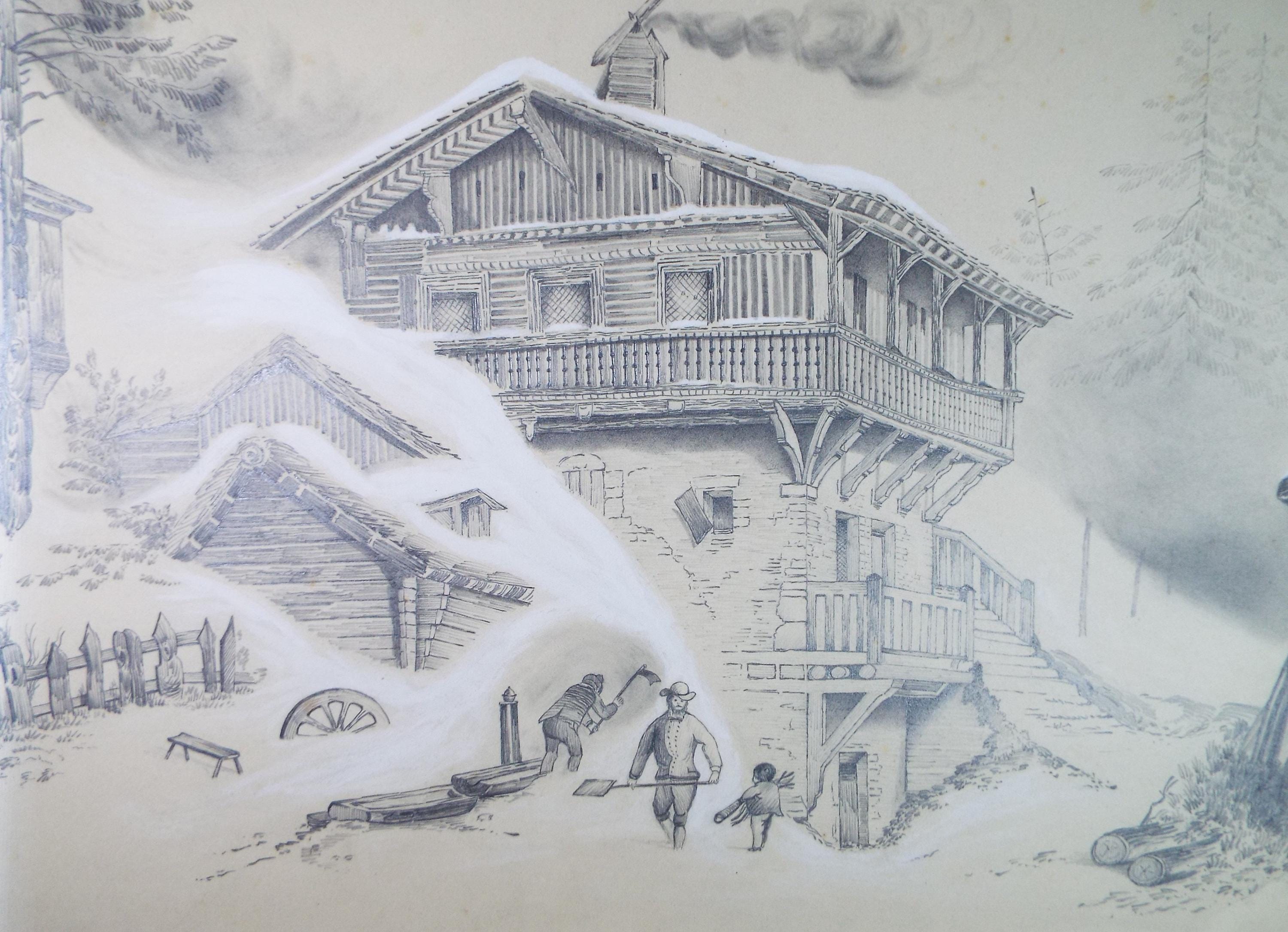 Original Pencil Drawing with white, 'Alpine Chalet', Circa 1870's, Artist Unknown