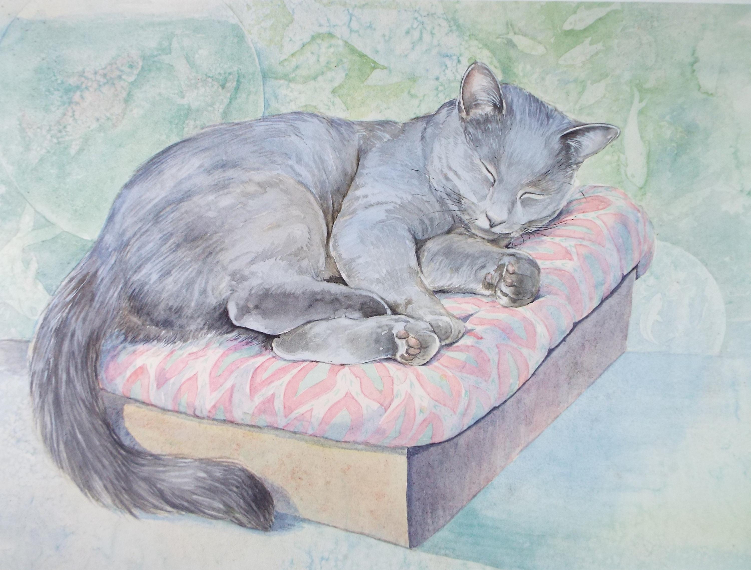 Original Watercolour, 'Sleeping Cat',P Martins s.o.f.a, Circa 1990's