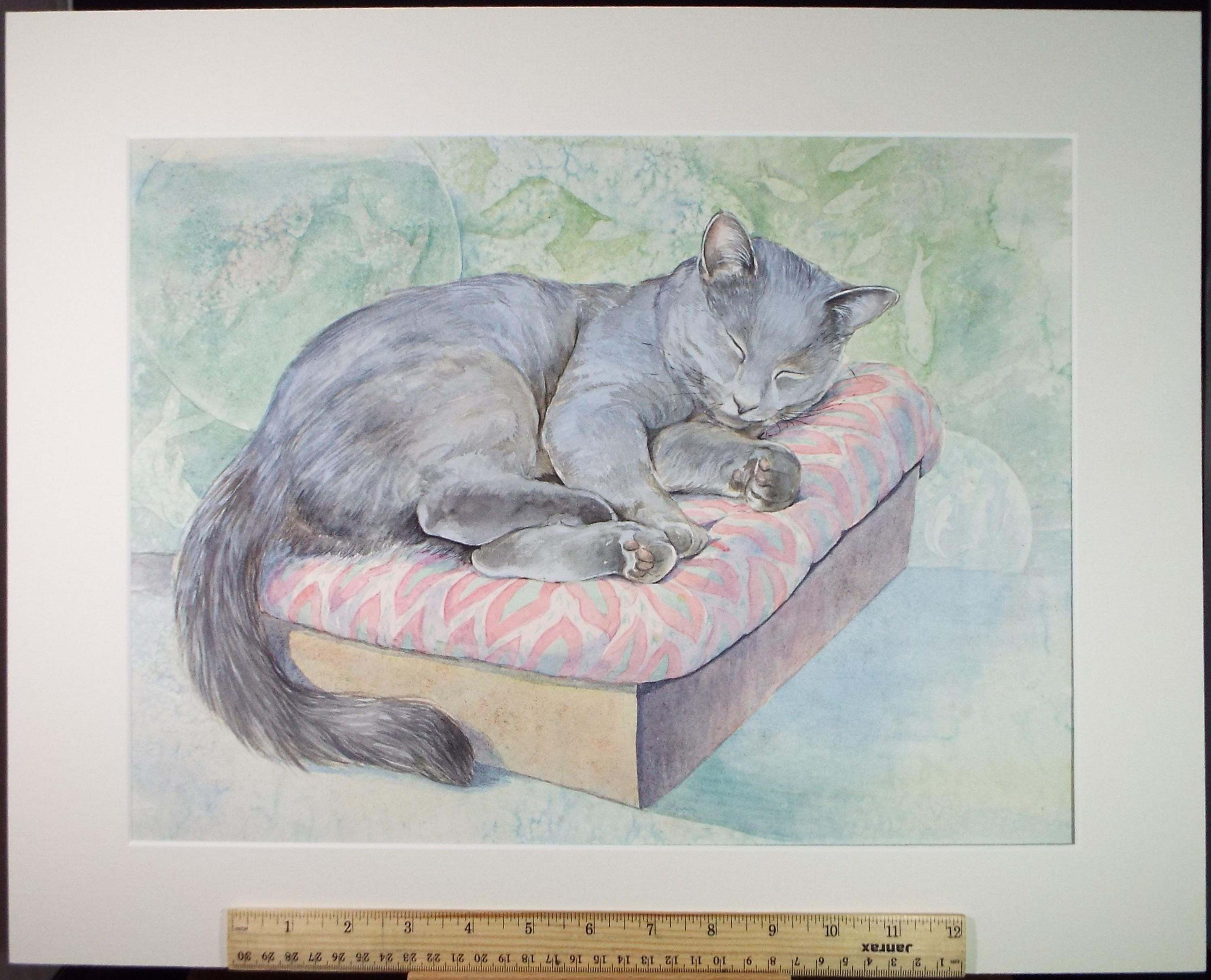 Original Watercolour, 'Sleeping Cat',P Martins s.o.f.a, Circa 1990's