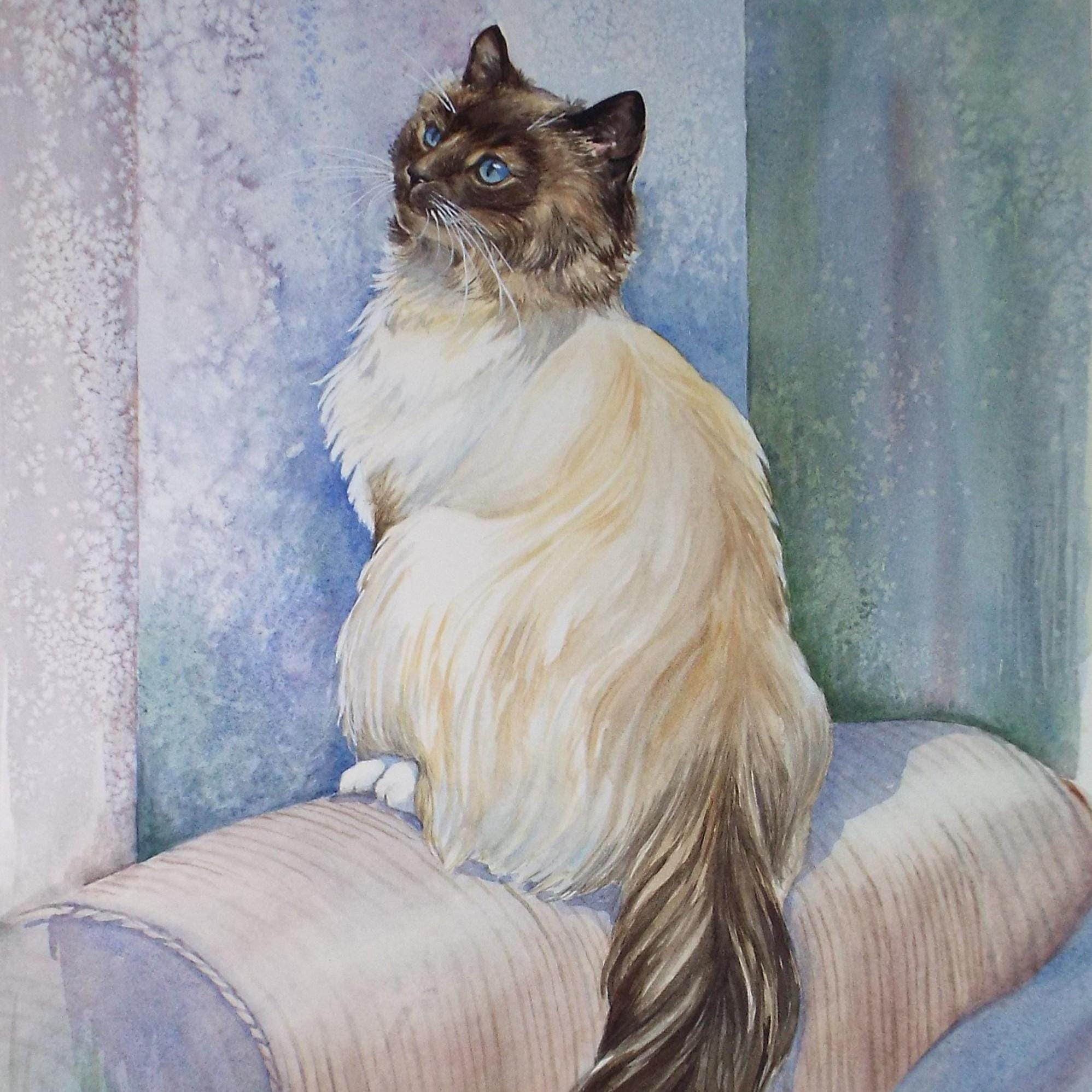 Original Watercolour, 'Cat on the armchair',P Martins s.o.f.a, Circa 1990's
