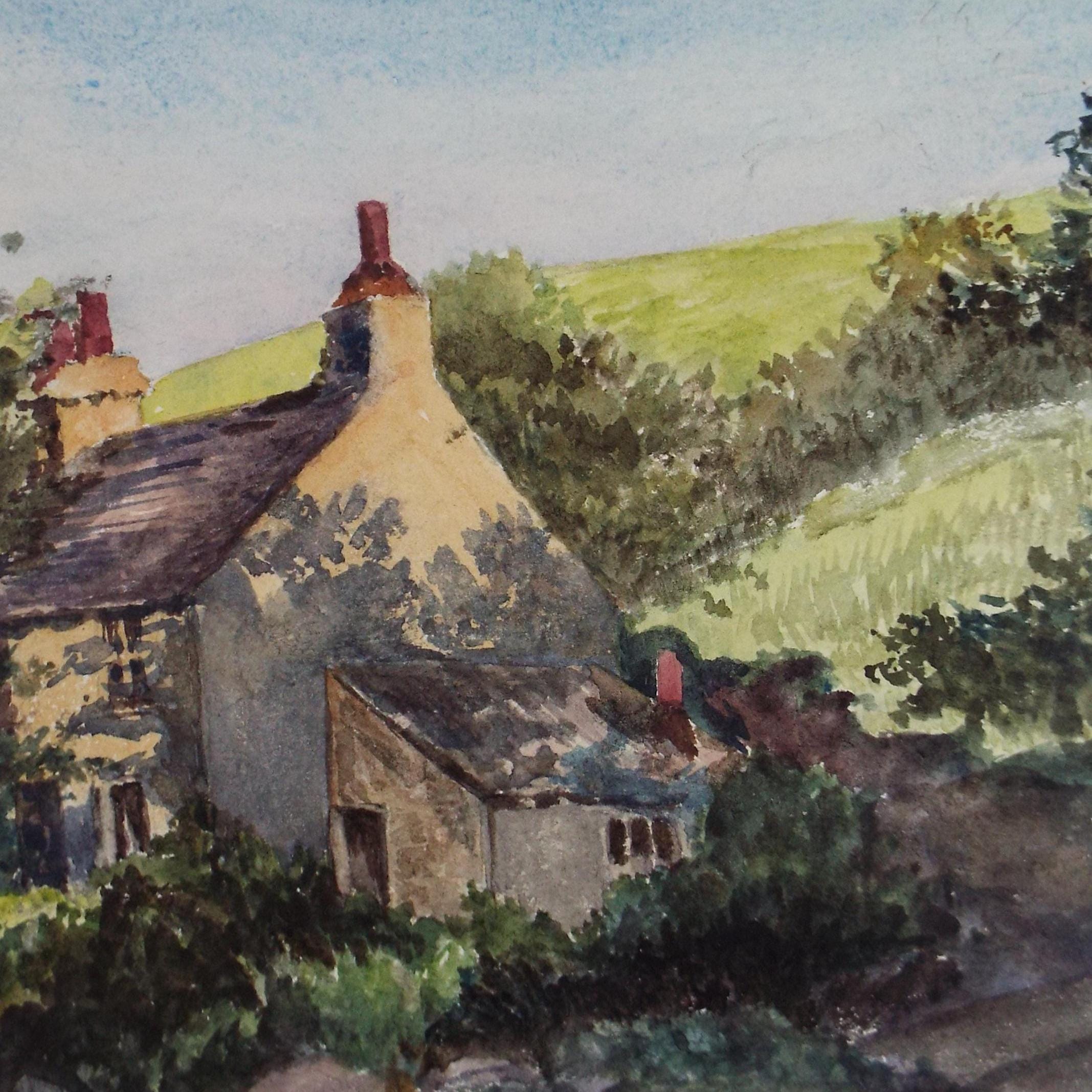 Original Watercolour, 'Cottage in the Valley', Artist Unknown, Early 20th Century