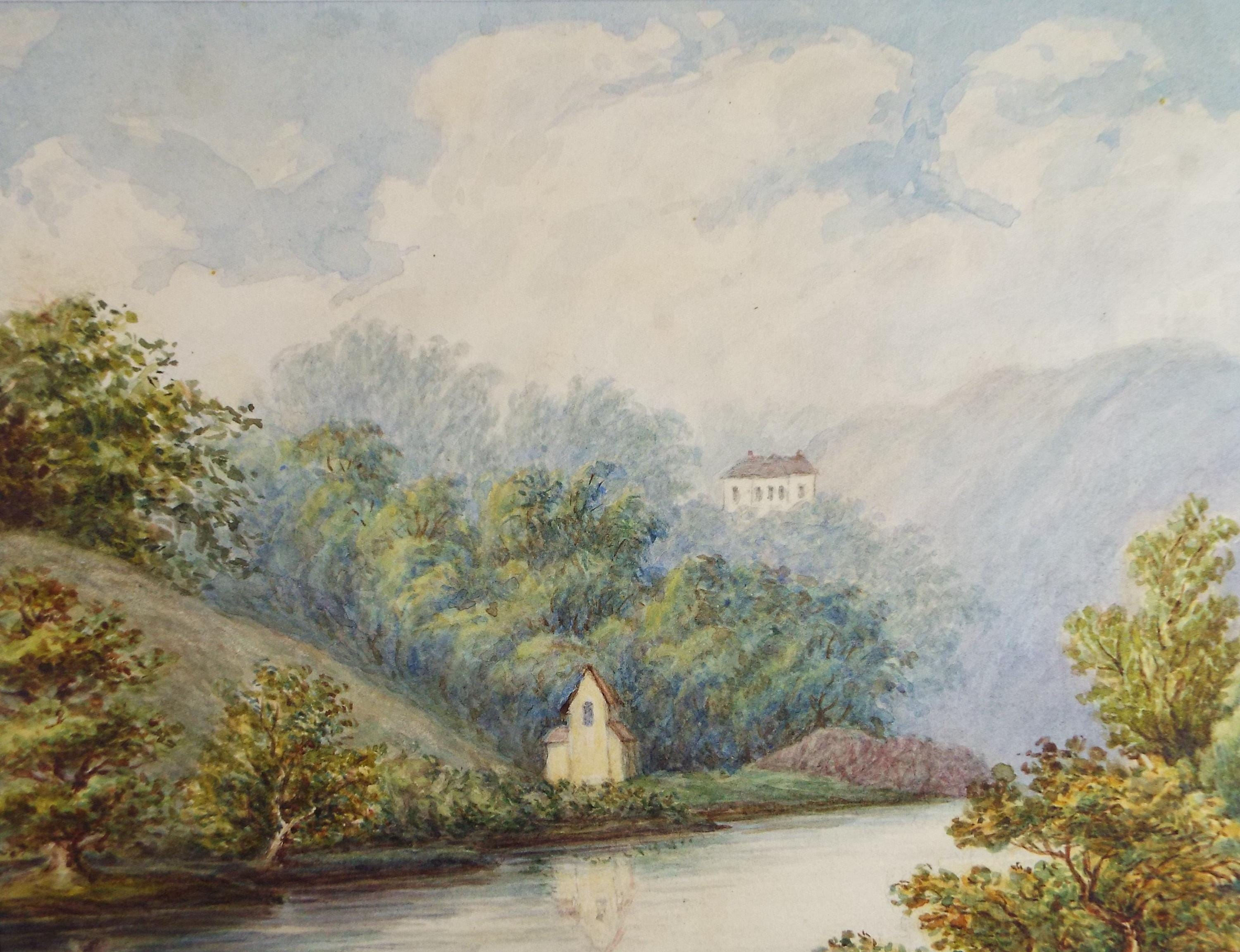 Original Watercolour, 'Chapel on a river bank', Unknown Artist, Late 19th Century
