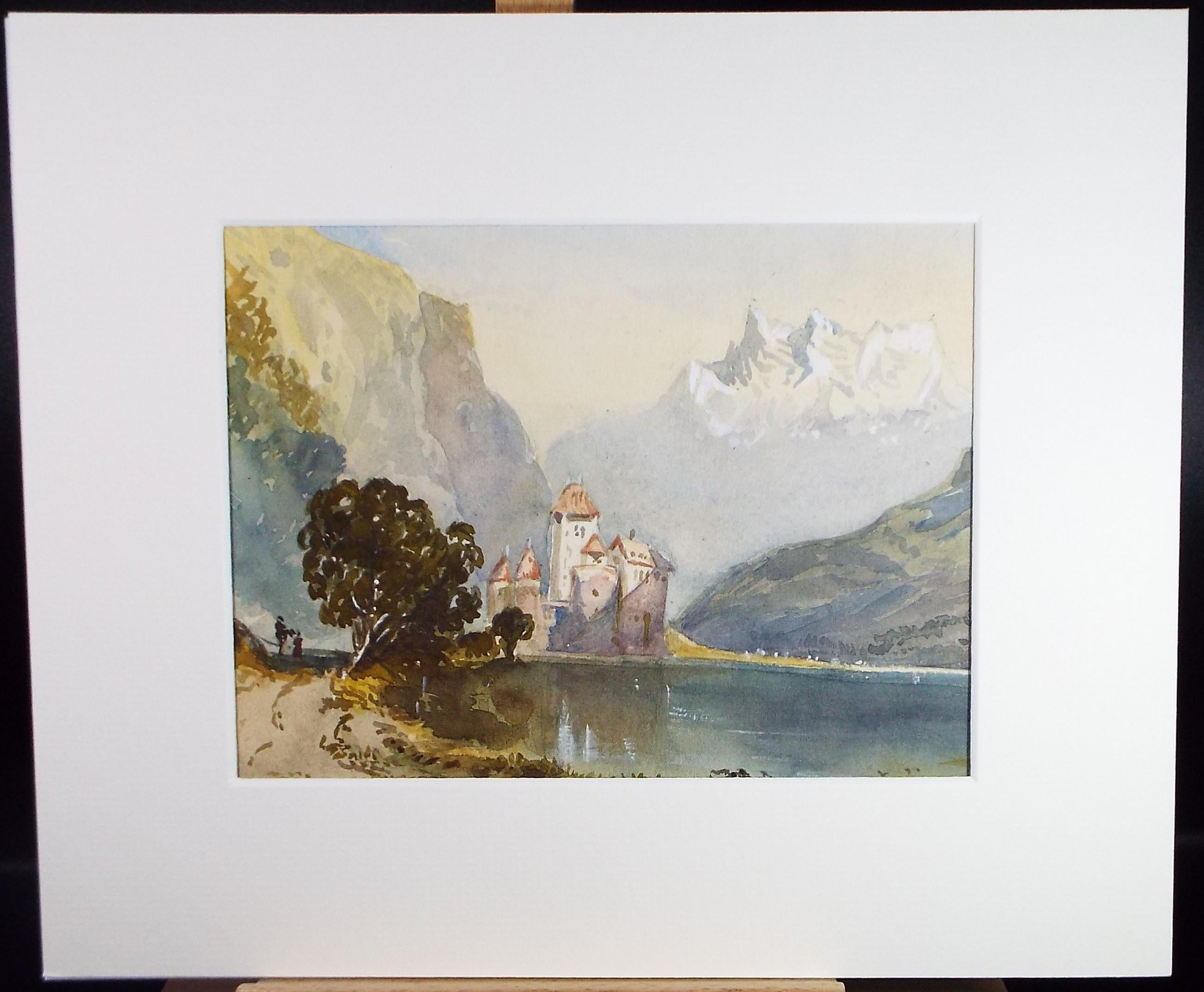 Original Watercolour, late 19th Century , 'Castle on the lake ', Artist Unknown