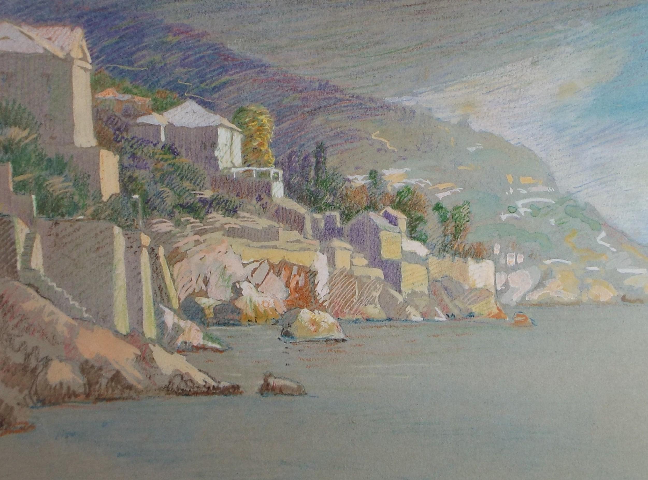 Original Pastel, 'Coastal Village', Artist Unknown, Circa 1920