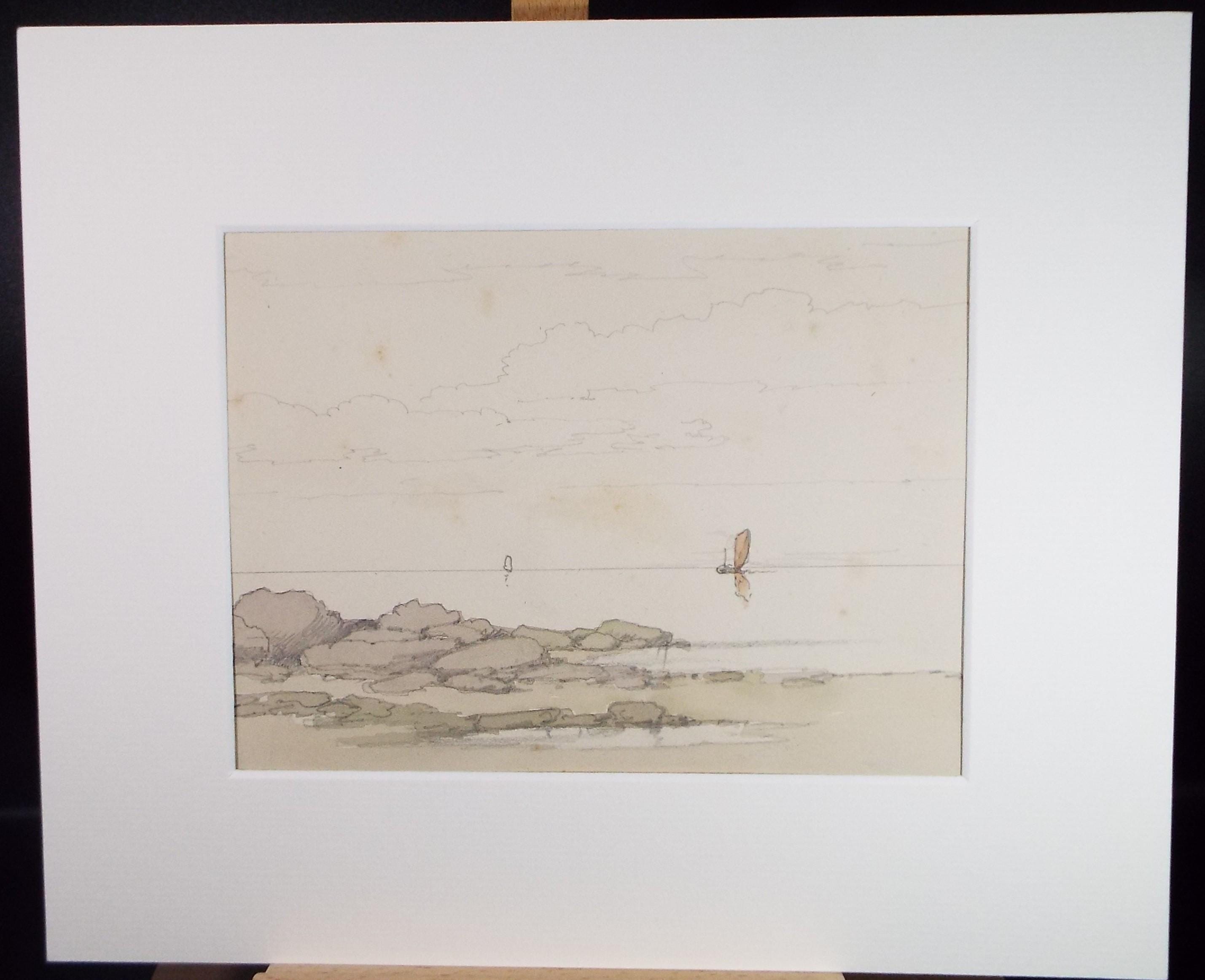 Original Watercolour, 'Boats off the shore', Early 20th Century, Artist unknown