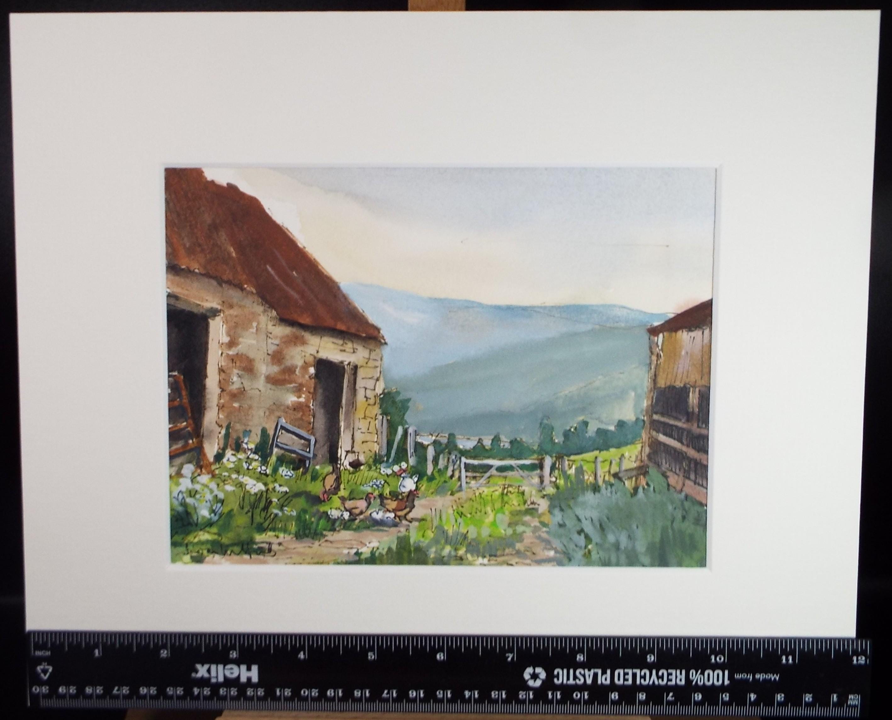 Original Watercolour, 'Farmyard with distant loch', Dated 1984