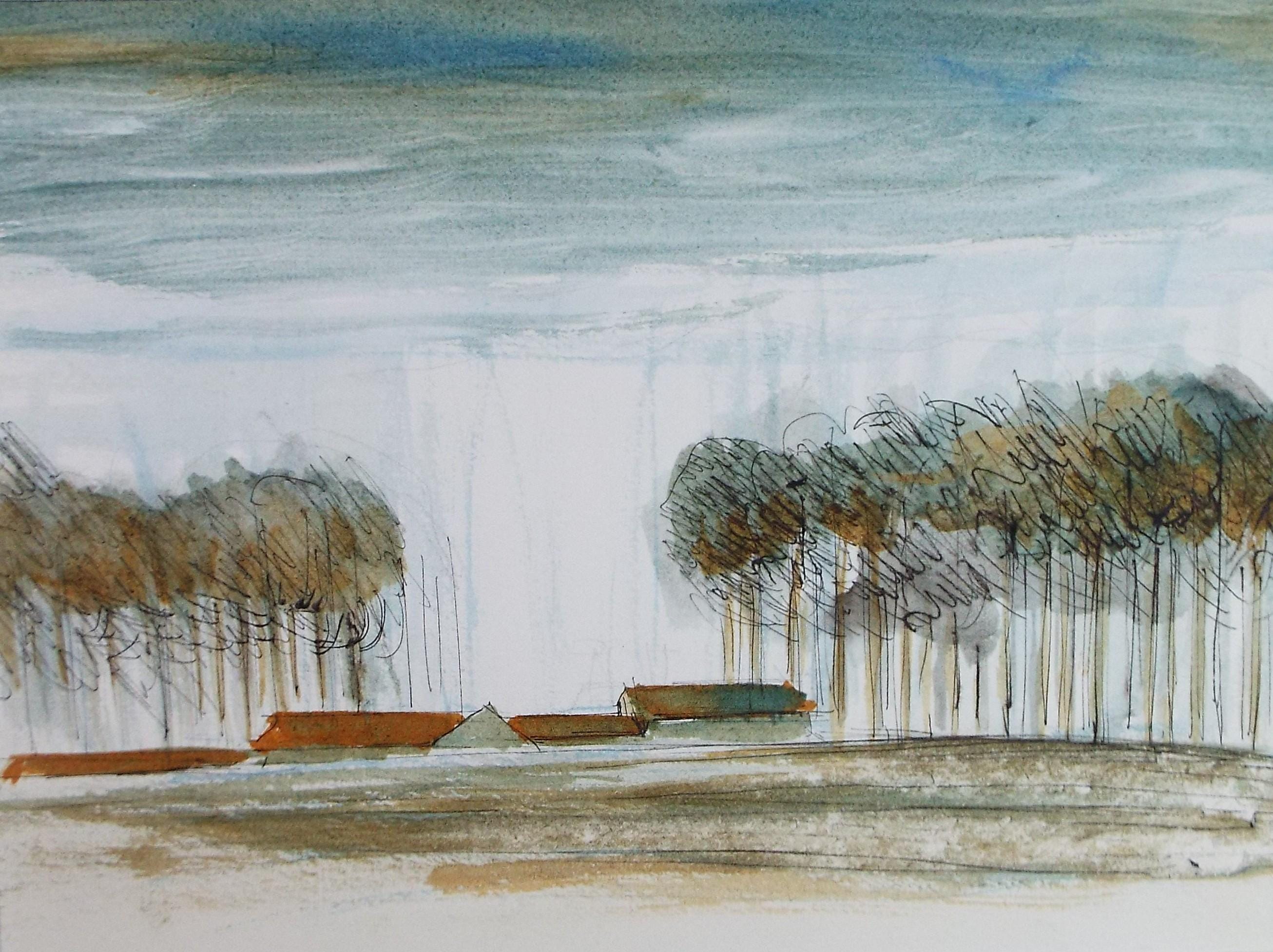 Original Watercolour, 'Farm buildings with trees', James Knight,circa 1980's