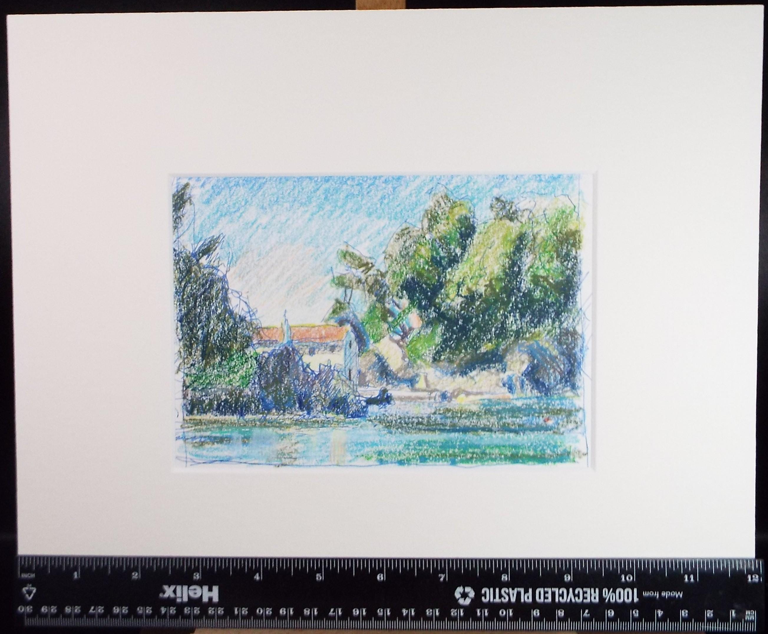 Original pastel drawing, 'Landscape with farmhouse', Circa 1990's, Pauline Plummer (b1933)