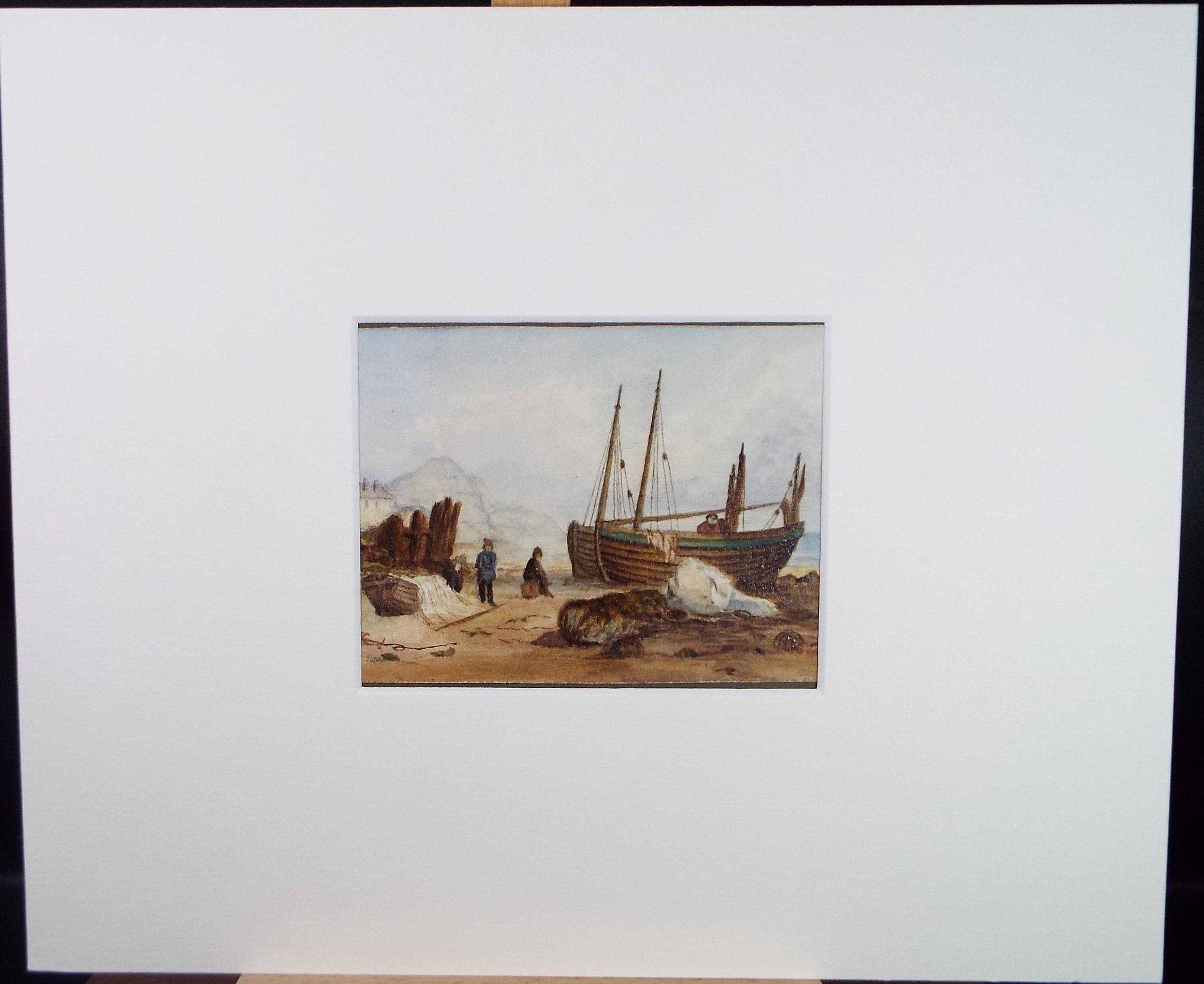 Original Watercolour, 'Figures and boats on the shore', late 19th Century, artist unknown