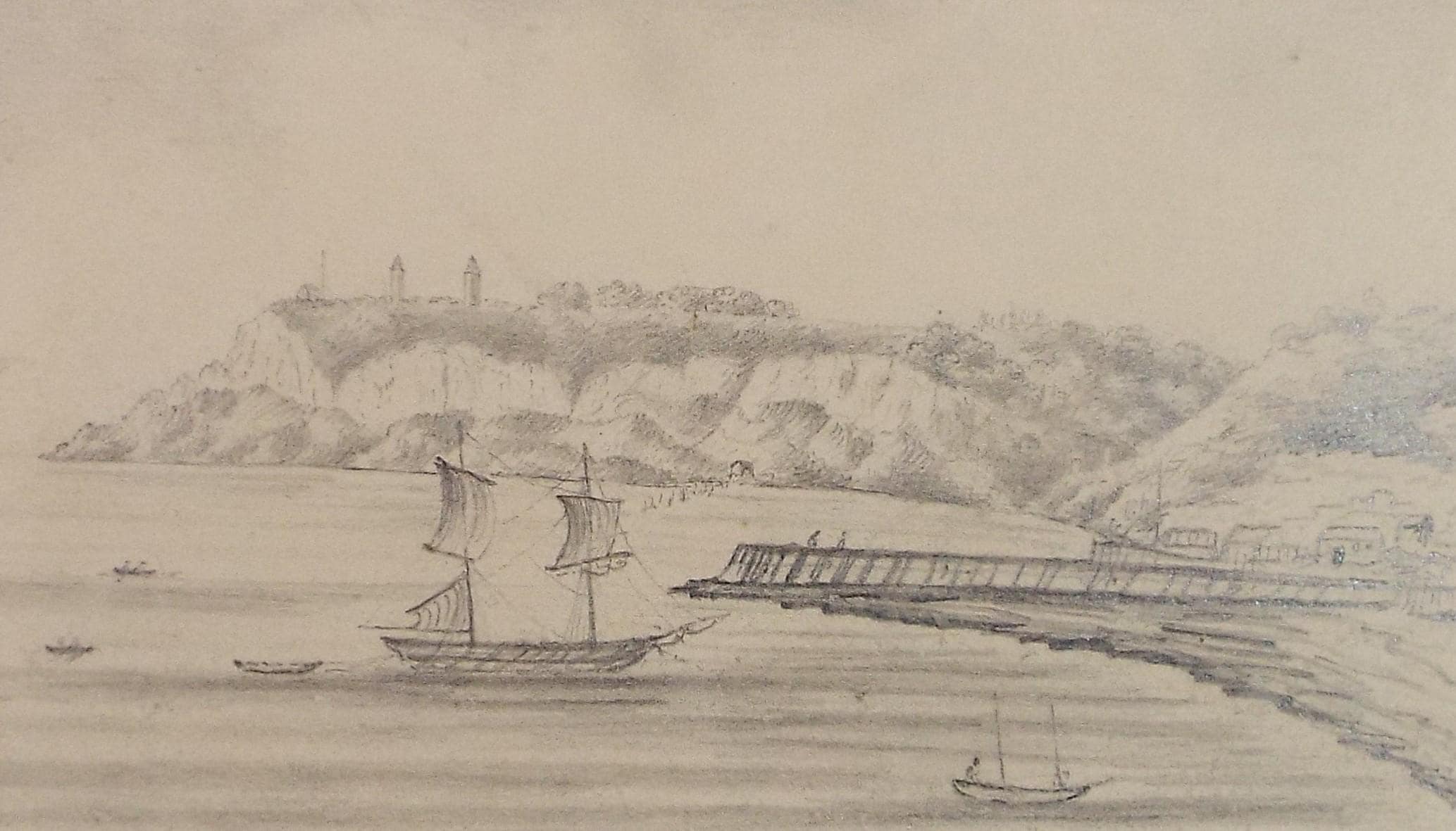 Antique Pencil drawing: Tall ship anchored, Late 19th Century