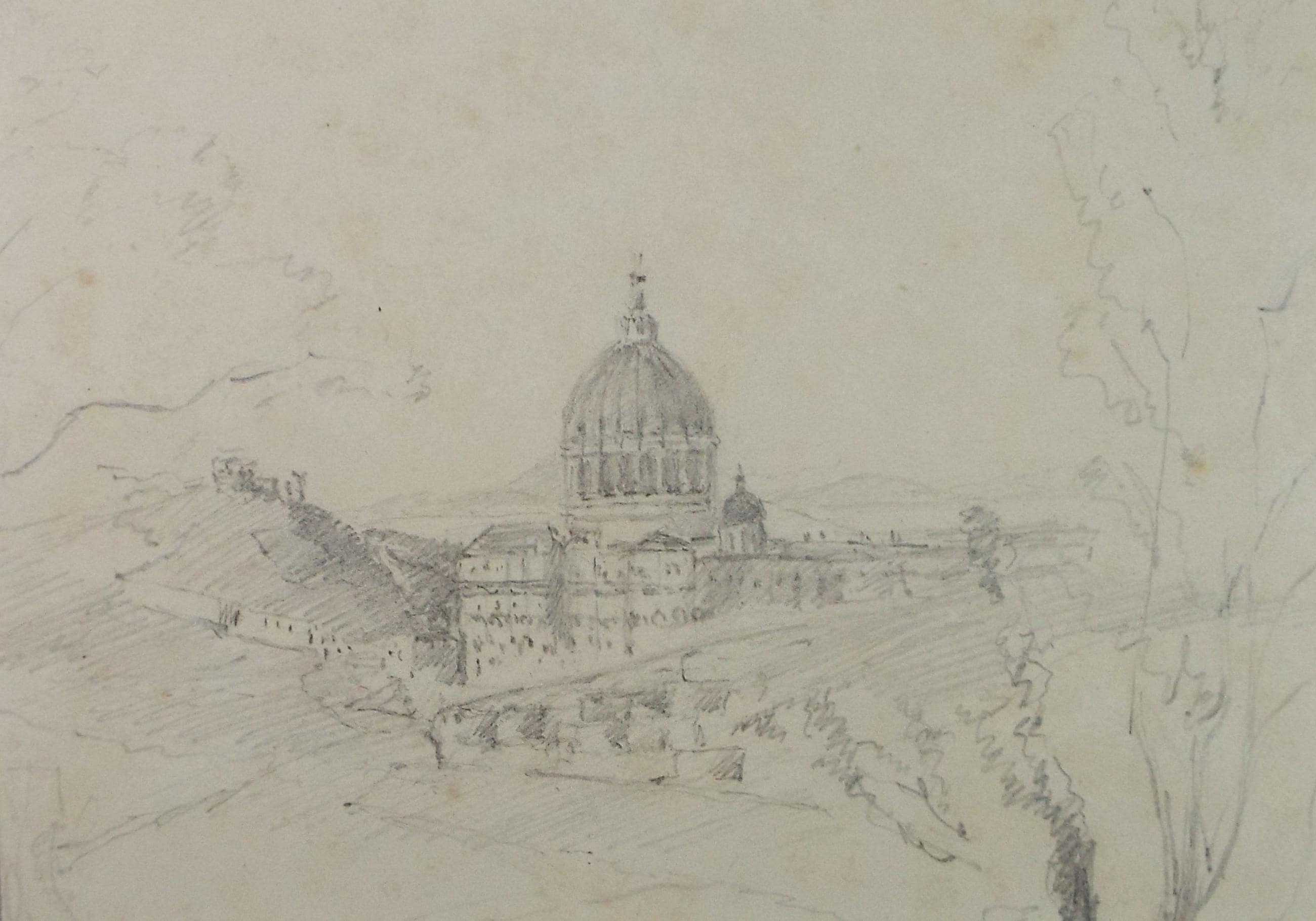 Original Pencil Drawing 'Domed building in a Landscape', Late 19th Century