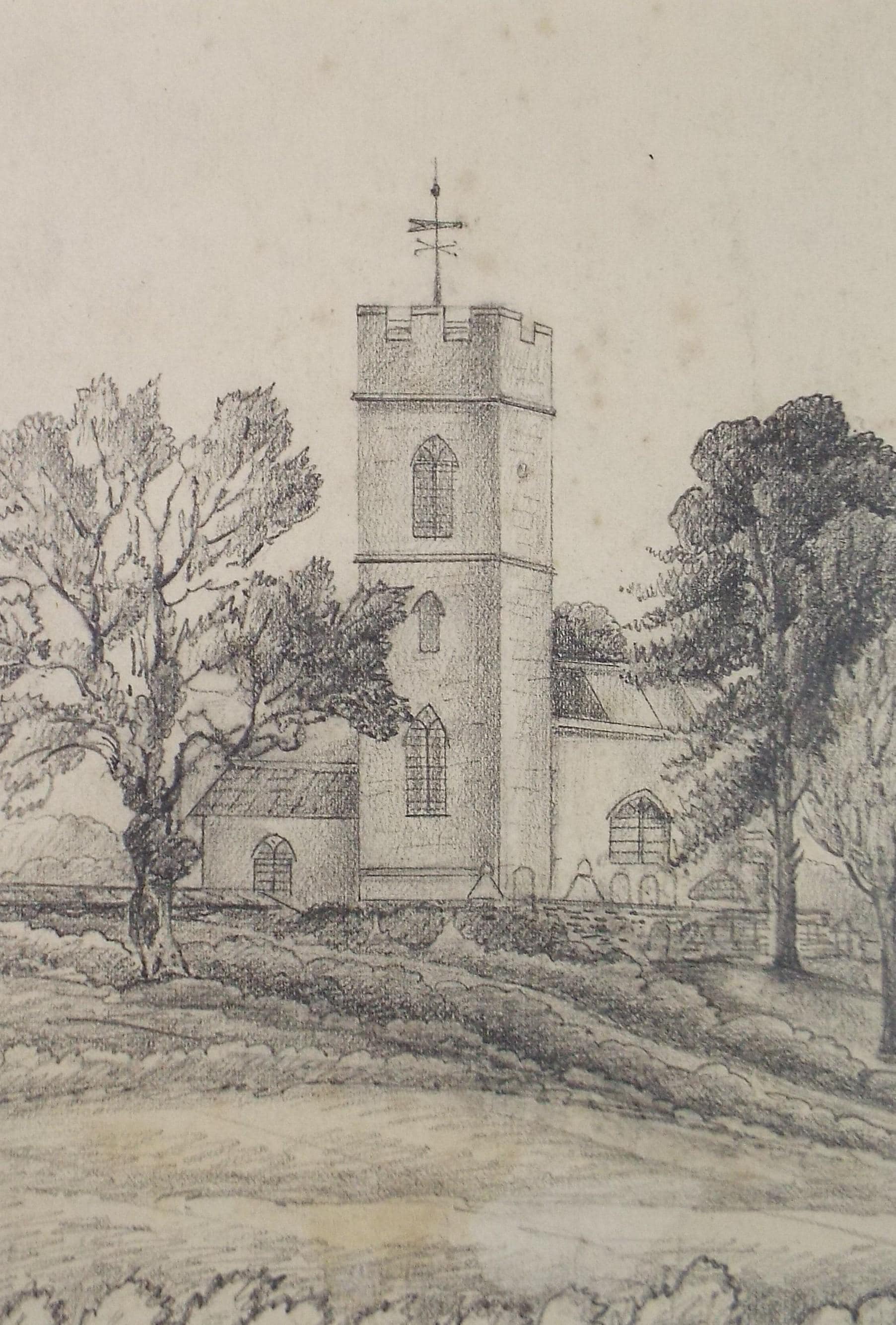 Original Pencil drawing, 'Old Lakenham Church', Dated 1866, artist unknown
