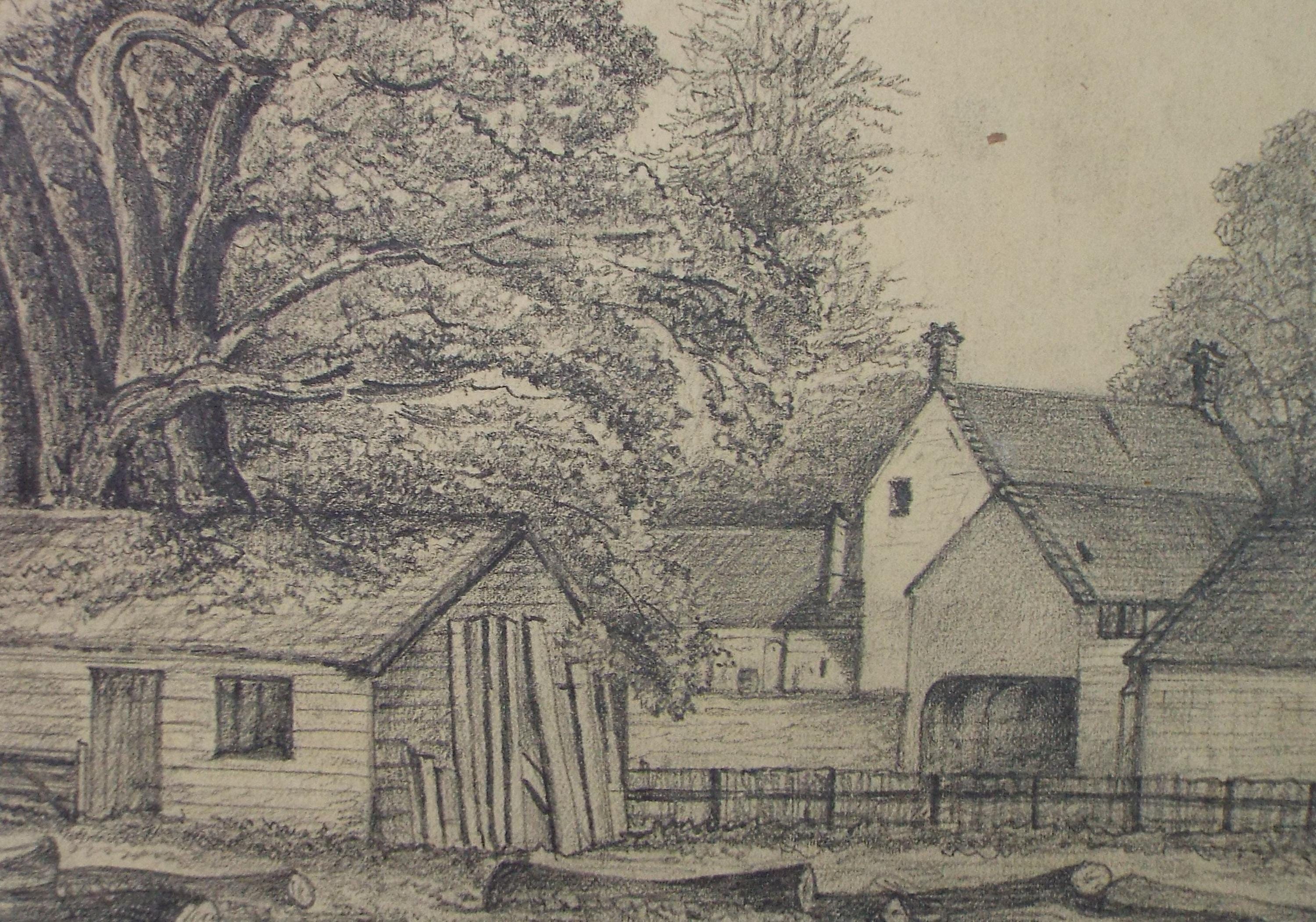 Original Pencil drawing, 'Farm Buildings', Dated 1874, artist unknown