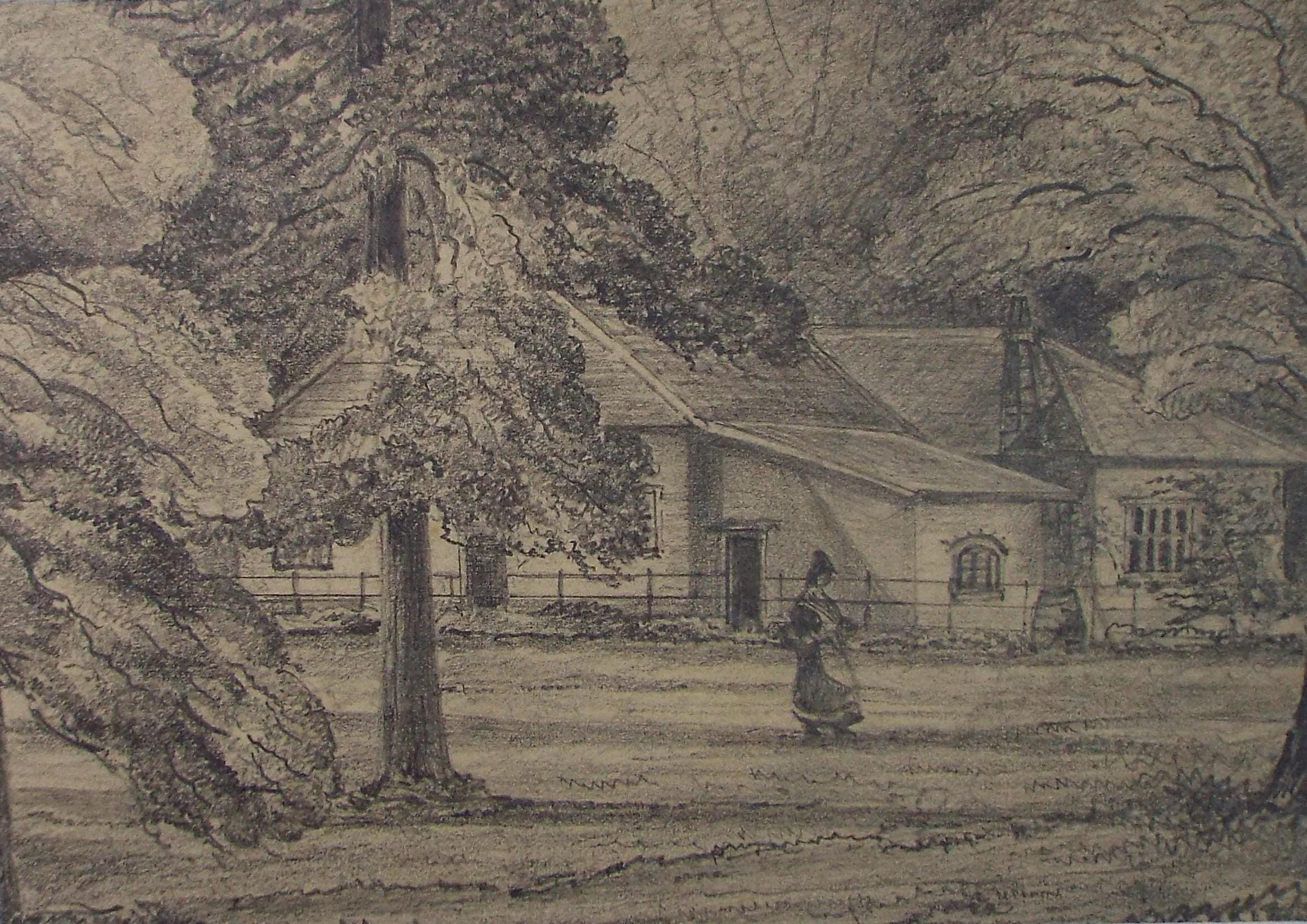 Original Pencil drawing, 'Lodge with figure', Circa 1870's, artist unknown