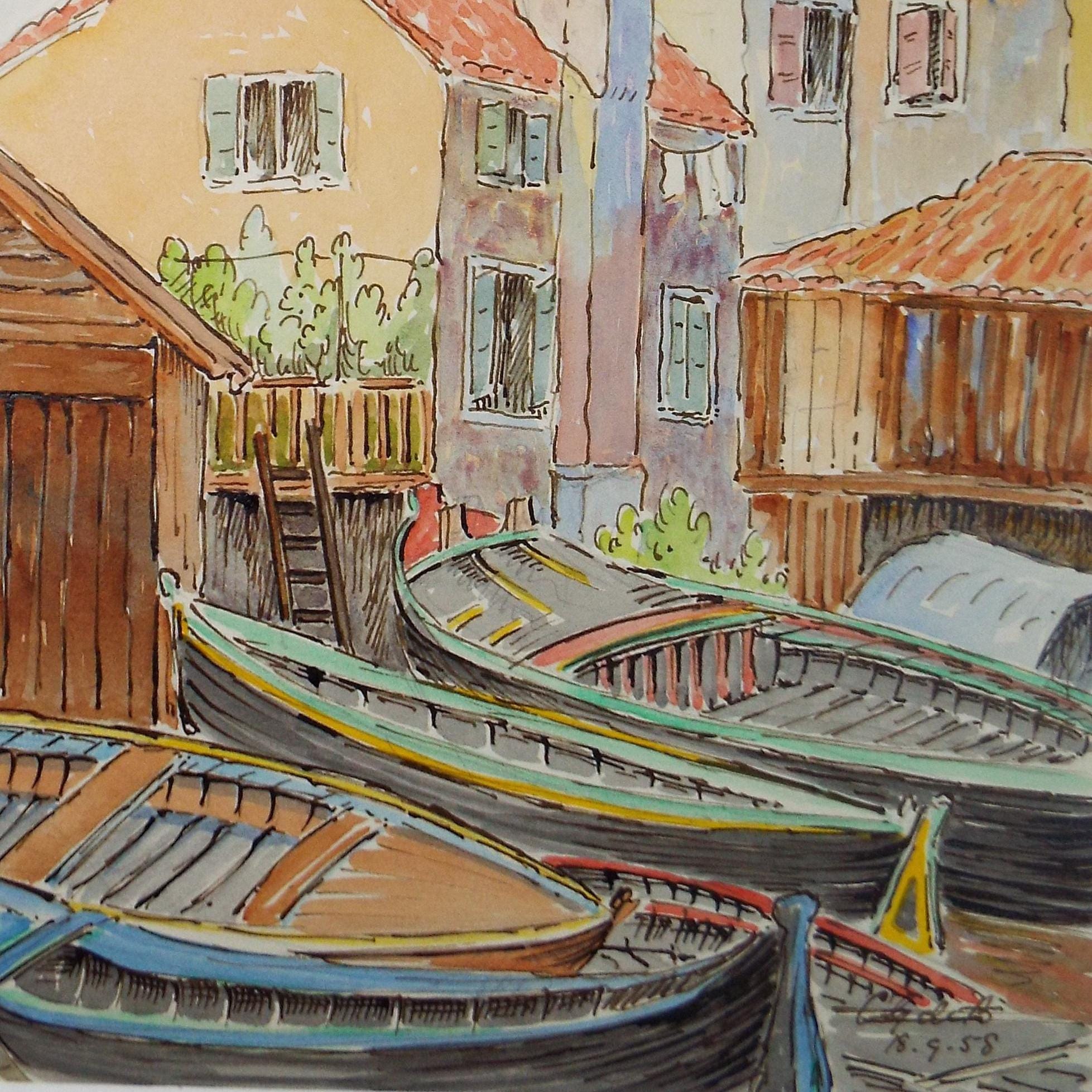 Original Watercolour & ink, 'Italian Streetscape', Cicely Glyn de Beers (1891-1973), Dated 1958