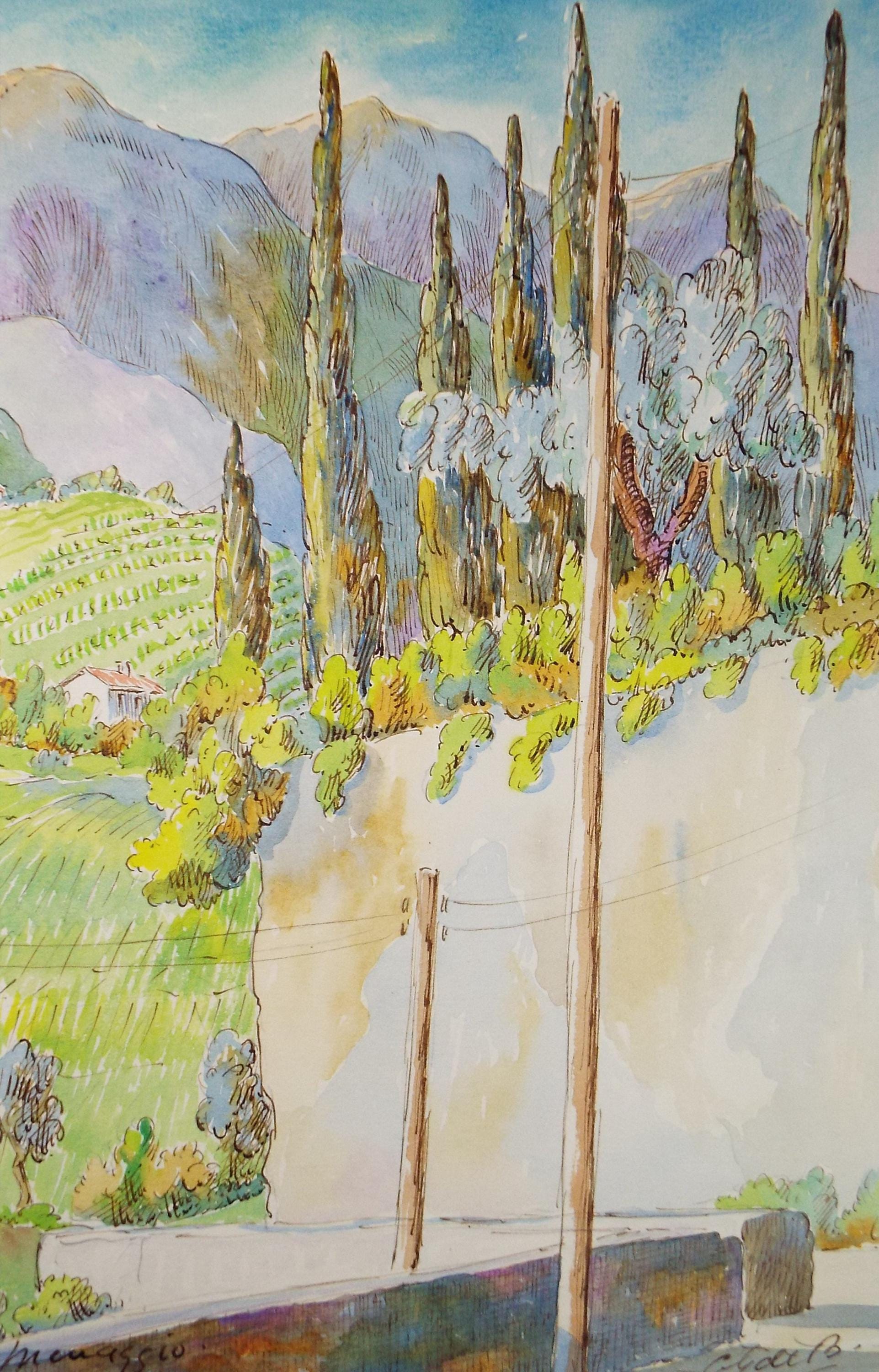 Original Watercolour & ink, 'Menaggio, Italy', Cicely Glyn de Beers (1891-1973), Dated 1957