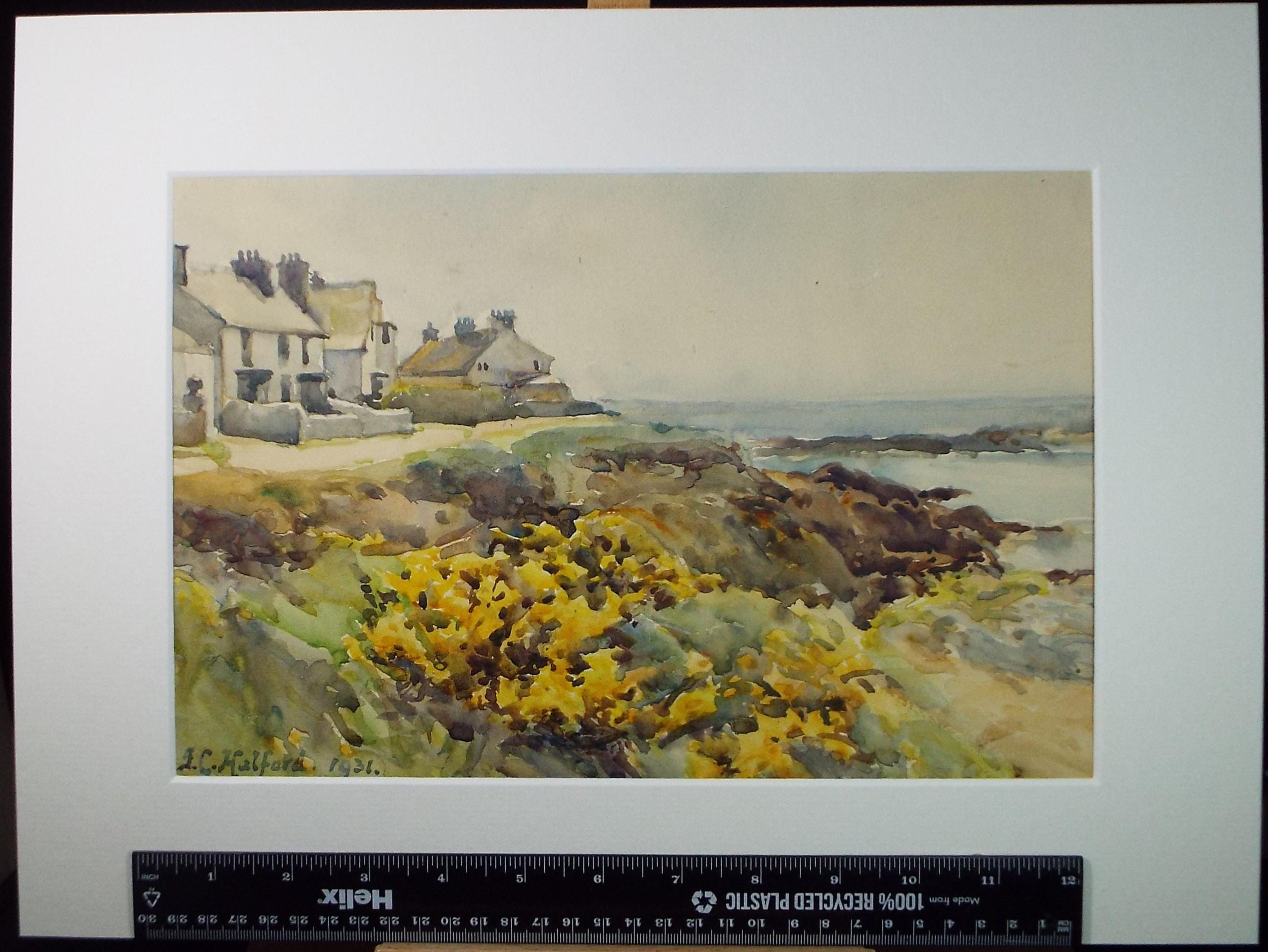 Original Watercolour, 'Fishing Village with Gorse', J C Halford, Dated 1931