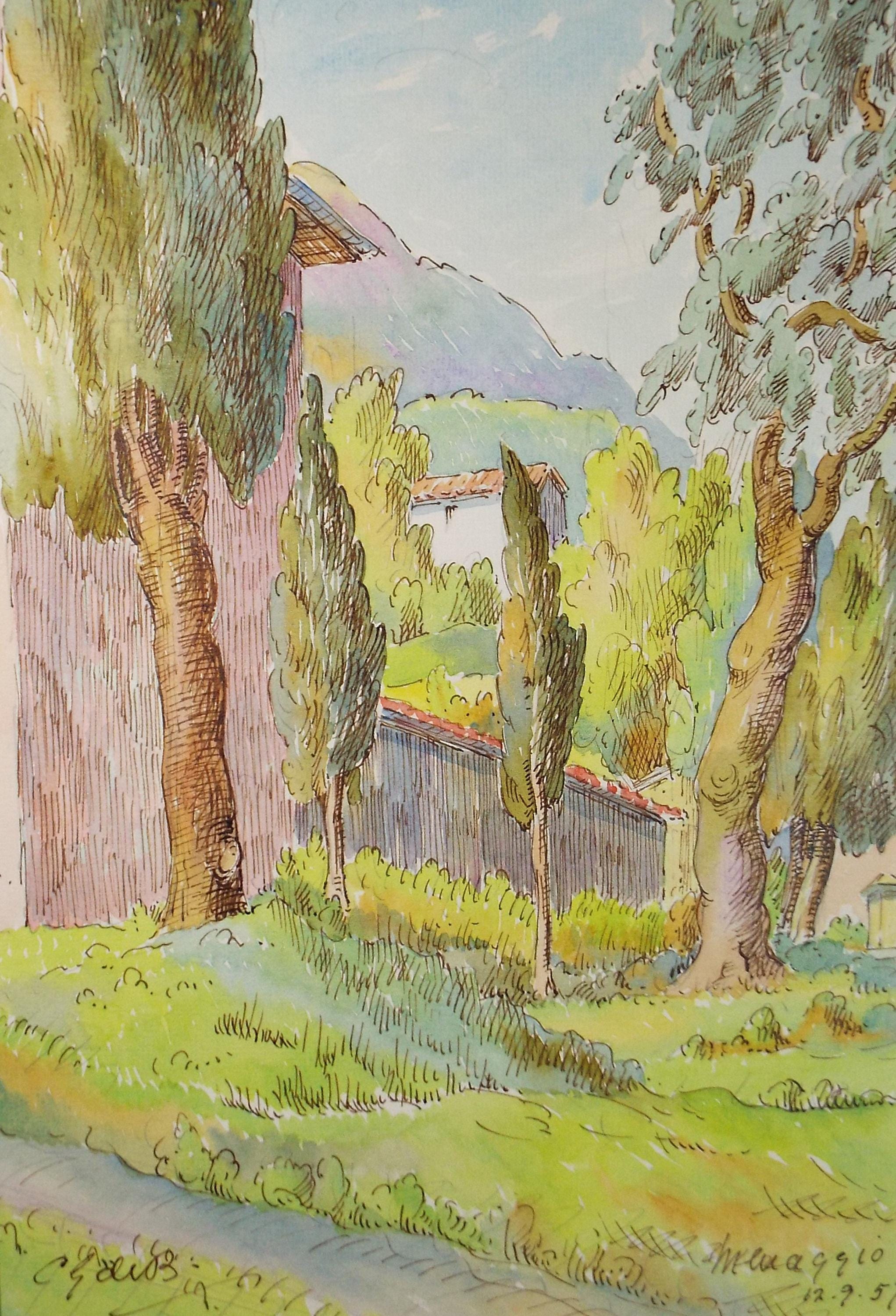 Original Watercolour & ink, 'Menaggio, Italy', Cicely Glyn de Beers (1891-1973), Dated 1957