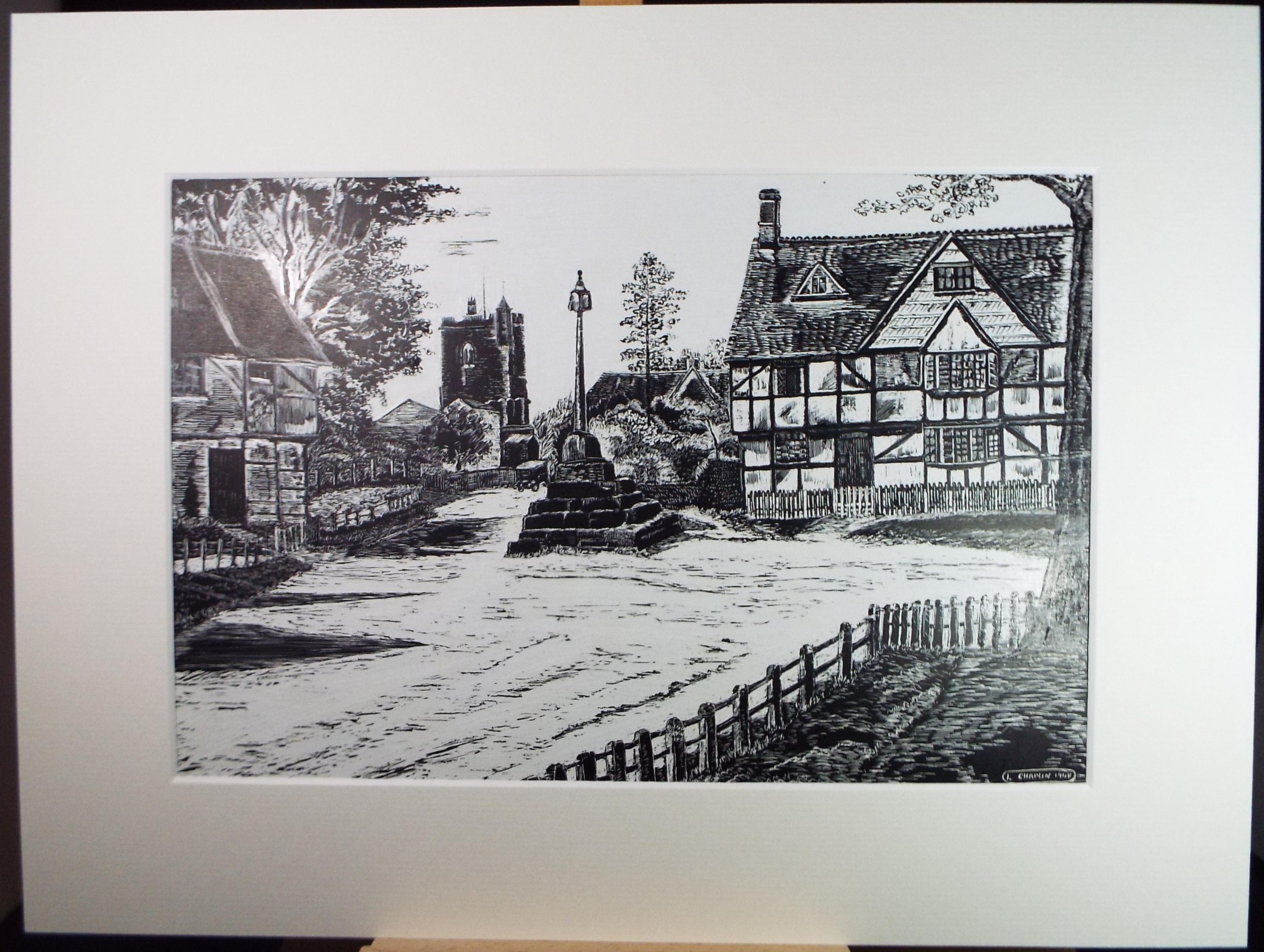 Original Scraperboard drawing, 'Village Cross, L Chaplin, Dated 1948