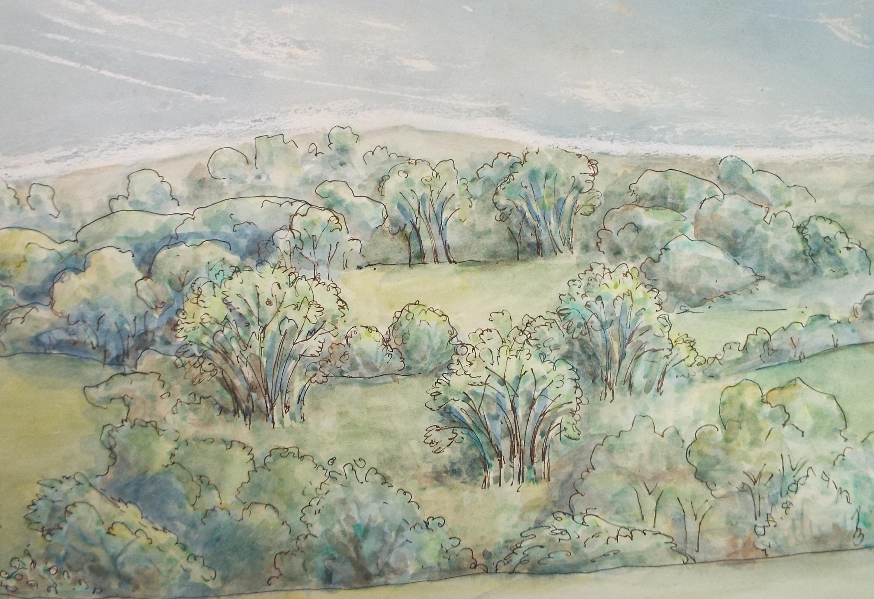 Original Watercolour, 'Green Landscape', Circa 1950's, Artist Unknown