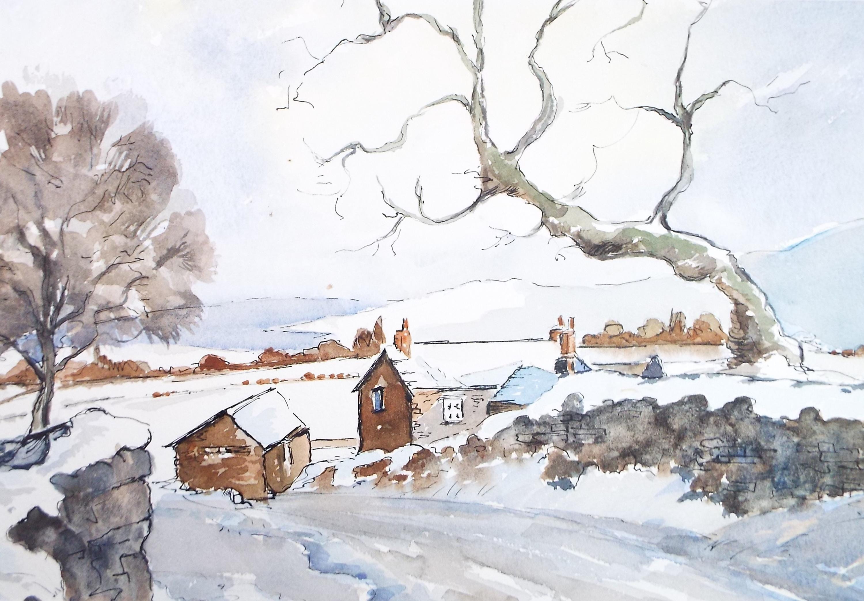 Original Watercolour, 'Snow in the Fells', Circa 1990's, Unknown Artist