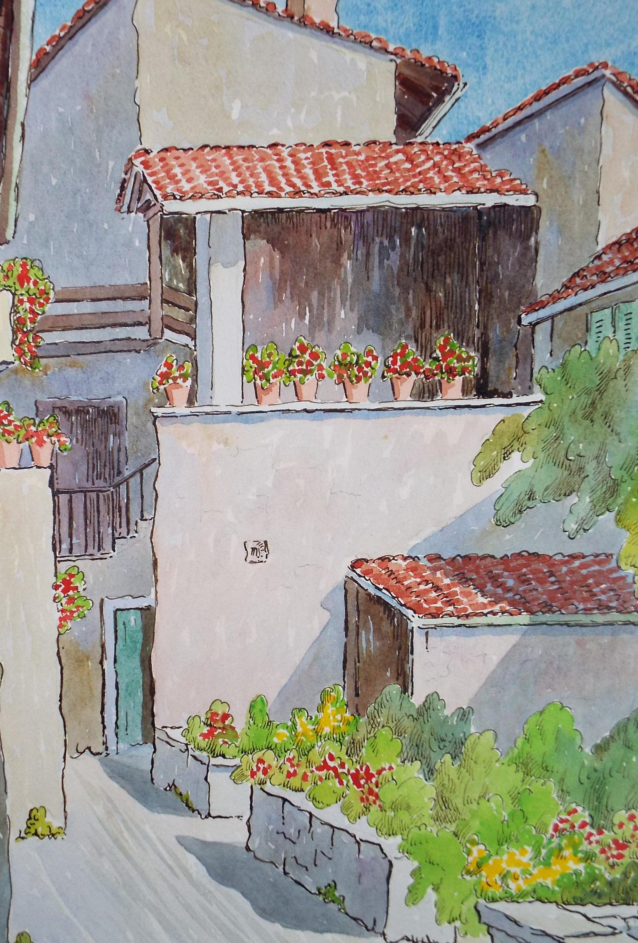 Original Watercolour & Ink , 'Villa with potted plants', Cicely Glyn de Beers (1891-1973), Dated 1959