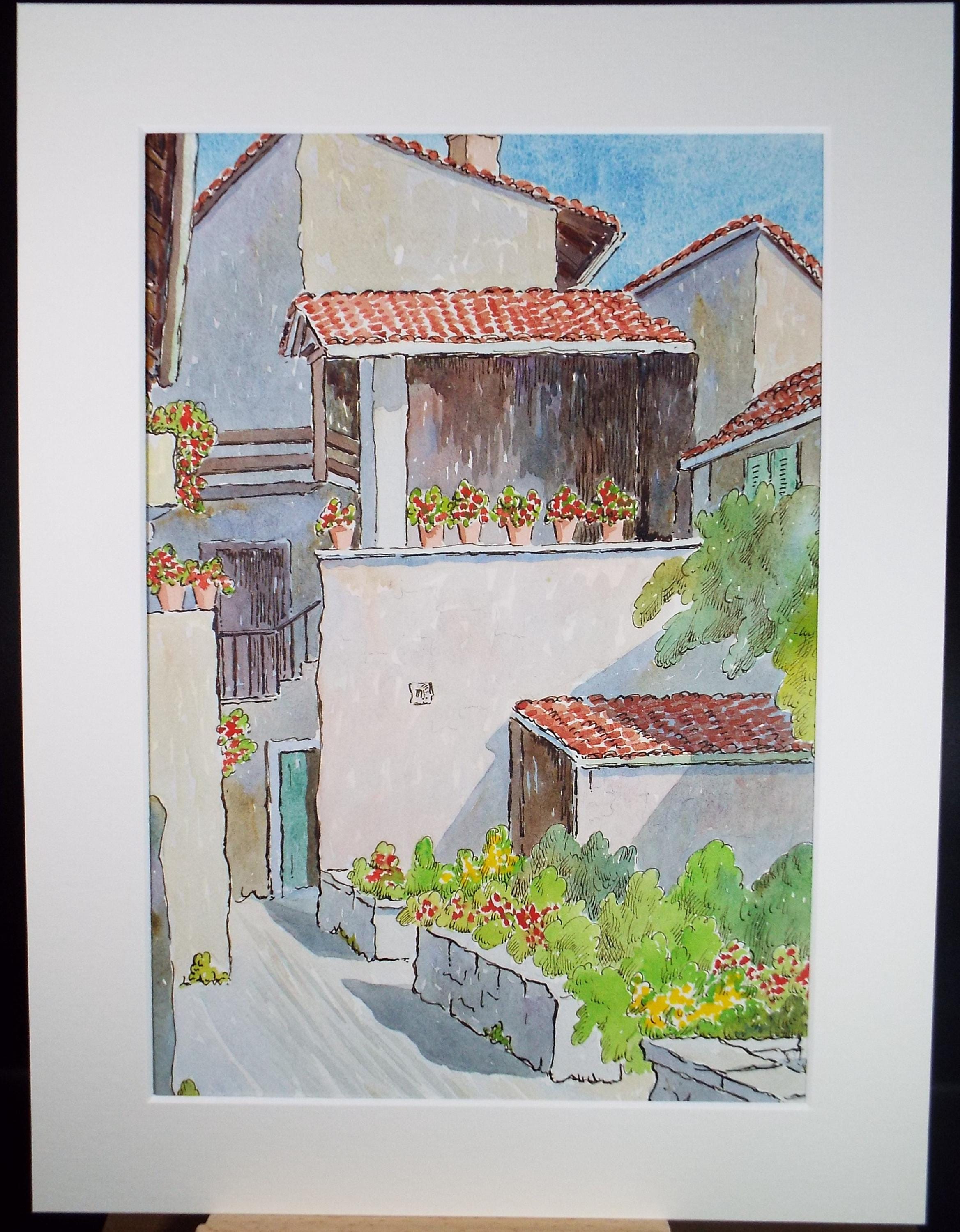 Original Watercolour & Ink , 'Villa with potted plants', Cicely Glyn de Beers (1891-1973), Dated 1959