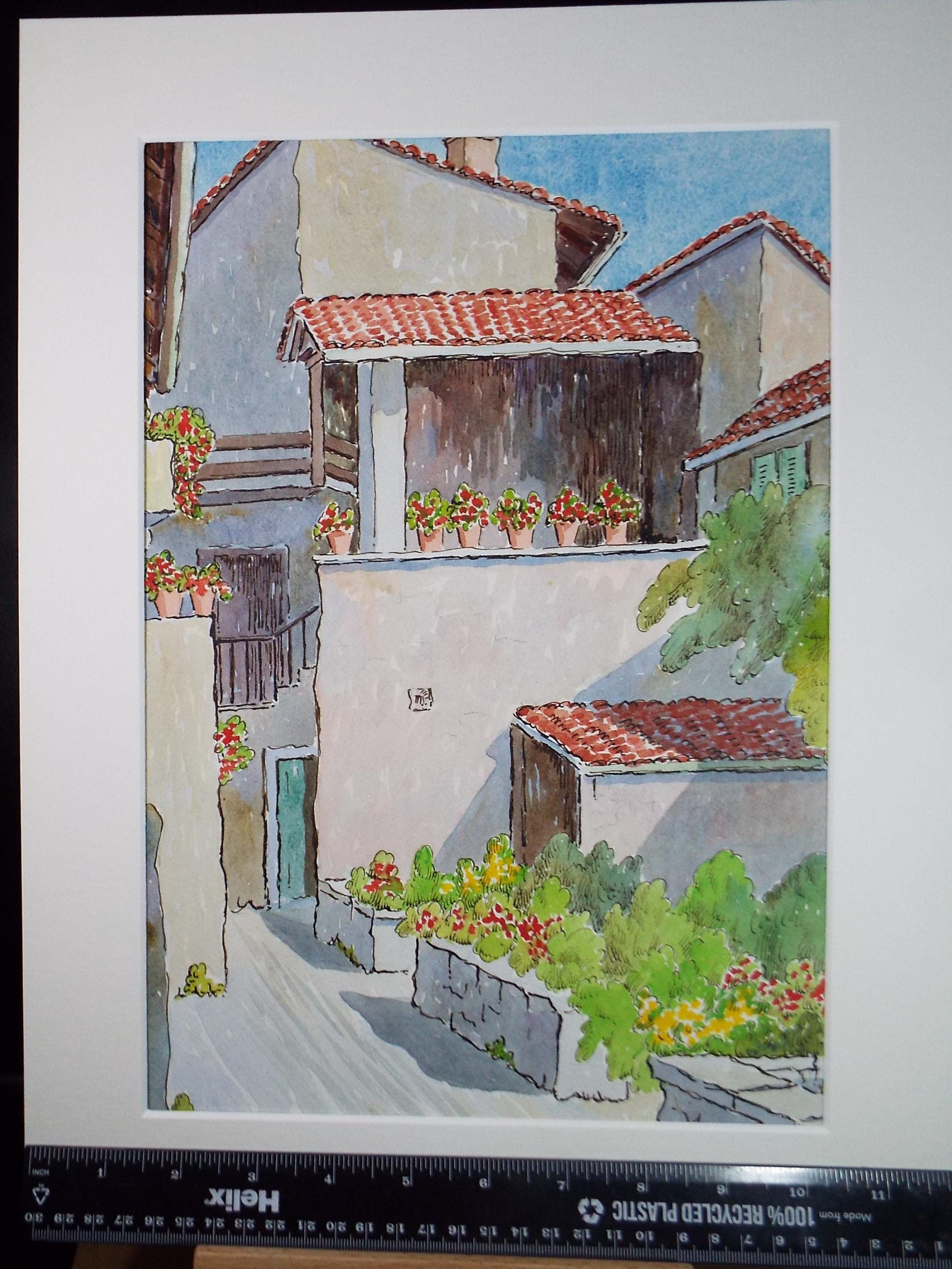 Original Watercolour & Ink , 'Villa with potted plants', Cicely Glyn de Beers (1891-1973), Dated 1959