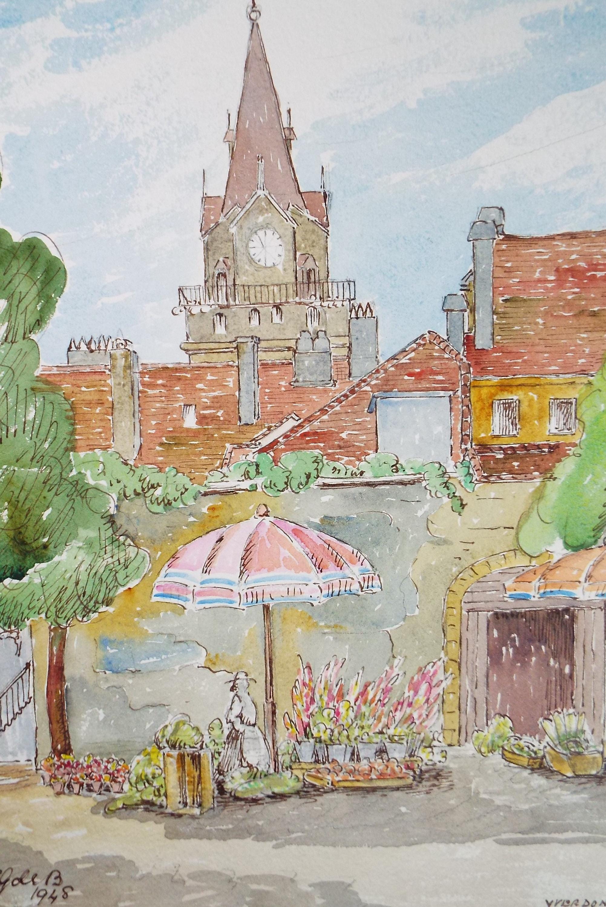 Original Watercolour & Ink , 'Yverdon-les-Bains', Cicely Glyn de Beers (1891-1973), Dated 1948